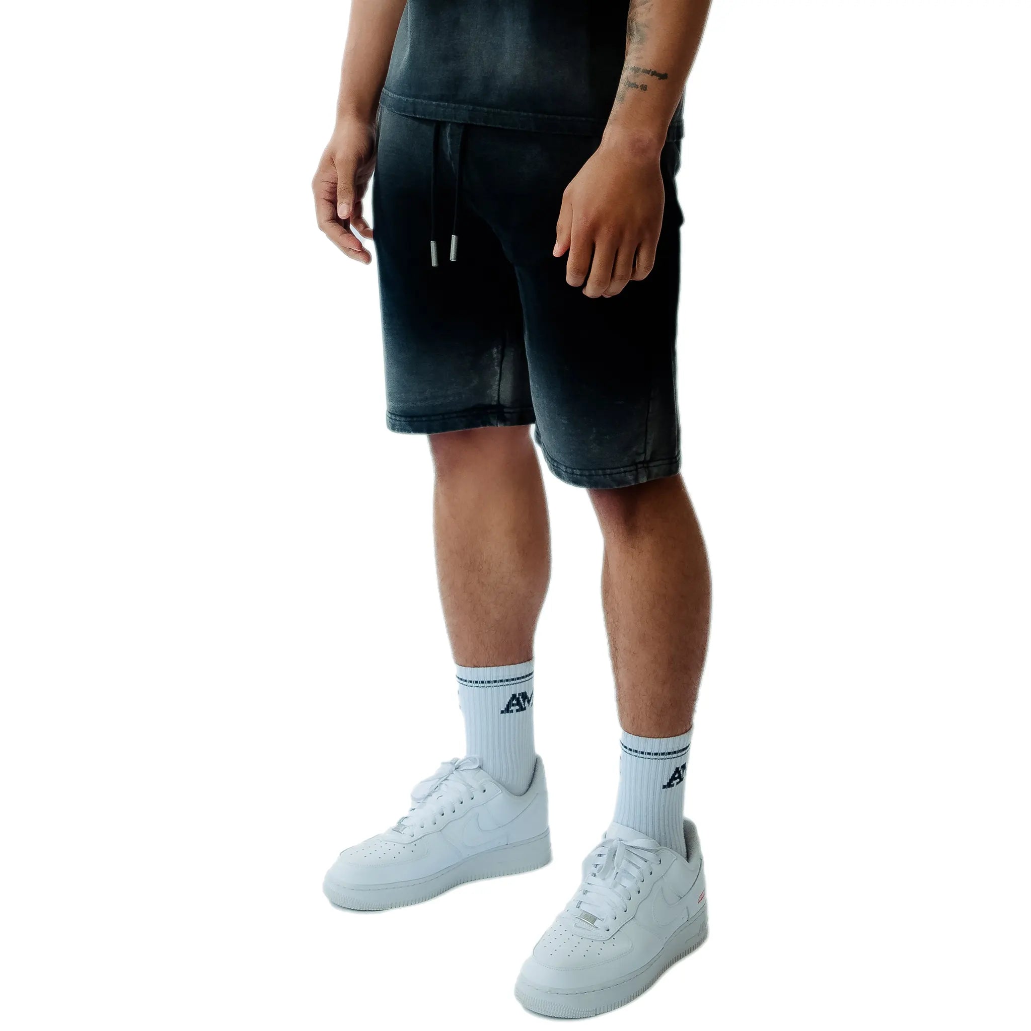 Front Side Detail view of Amicci Levanto Washed Black Shorts