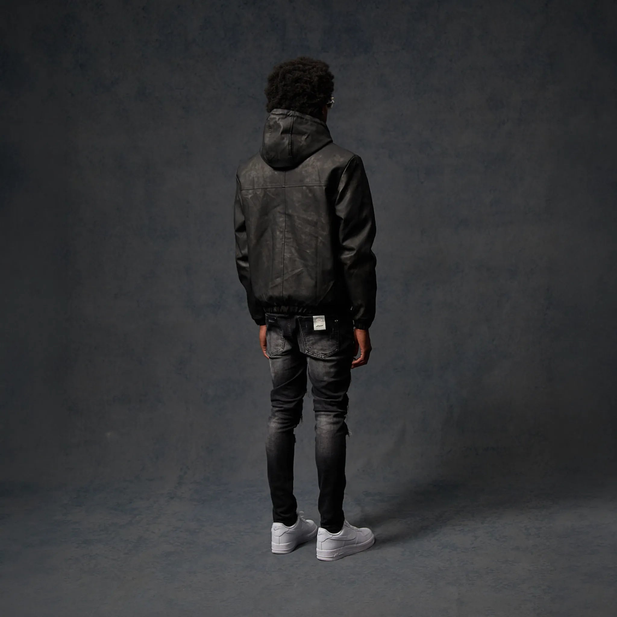 Model Back View of Amicci Rafel Leder Hooded Washed Black Jacket