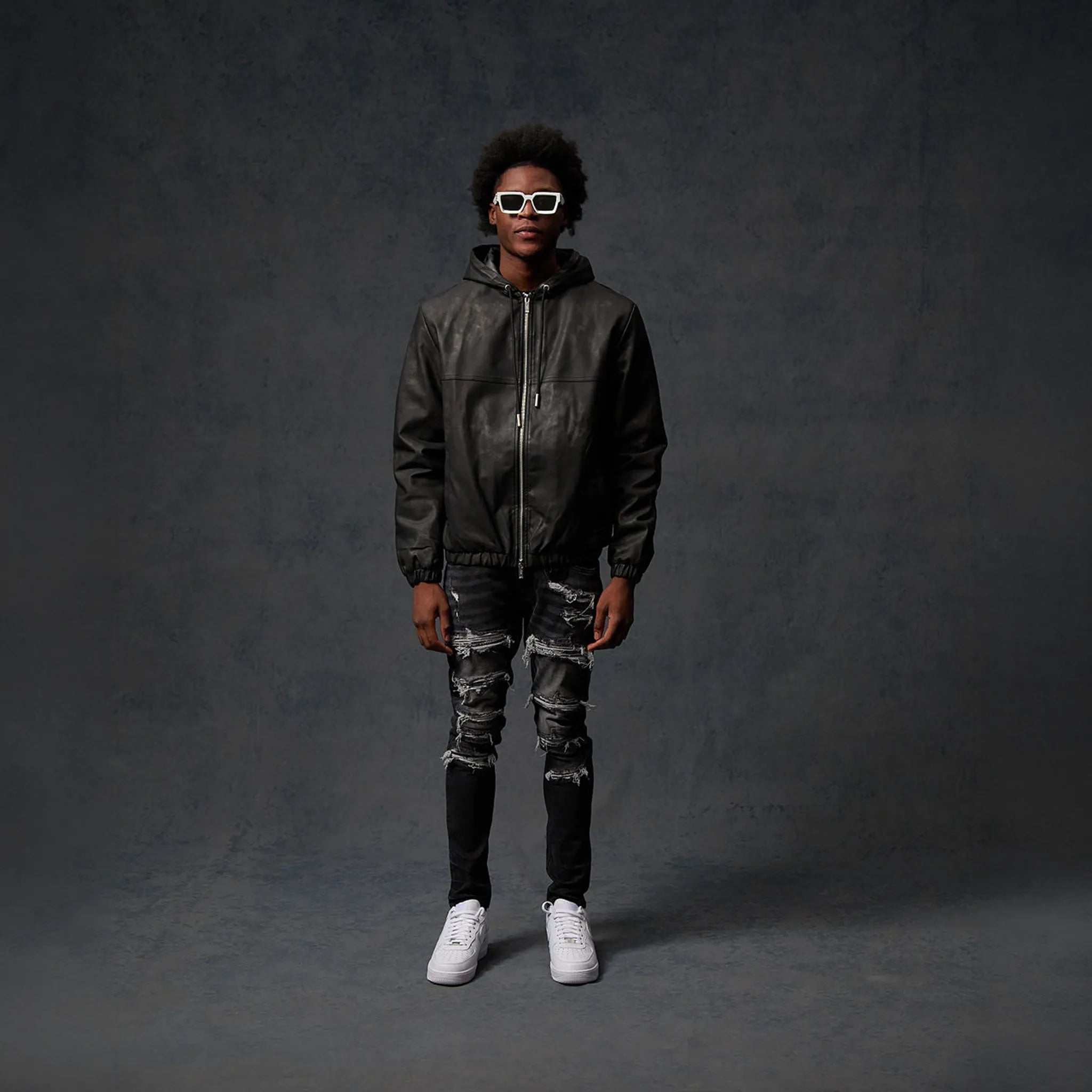 Model View of Amicci Rafel Leder Hooded Washed Black Jacket