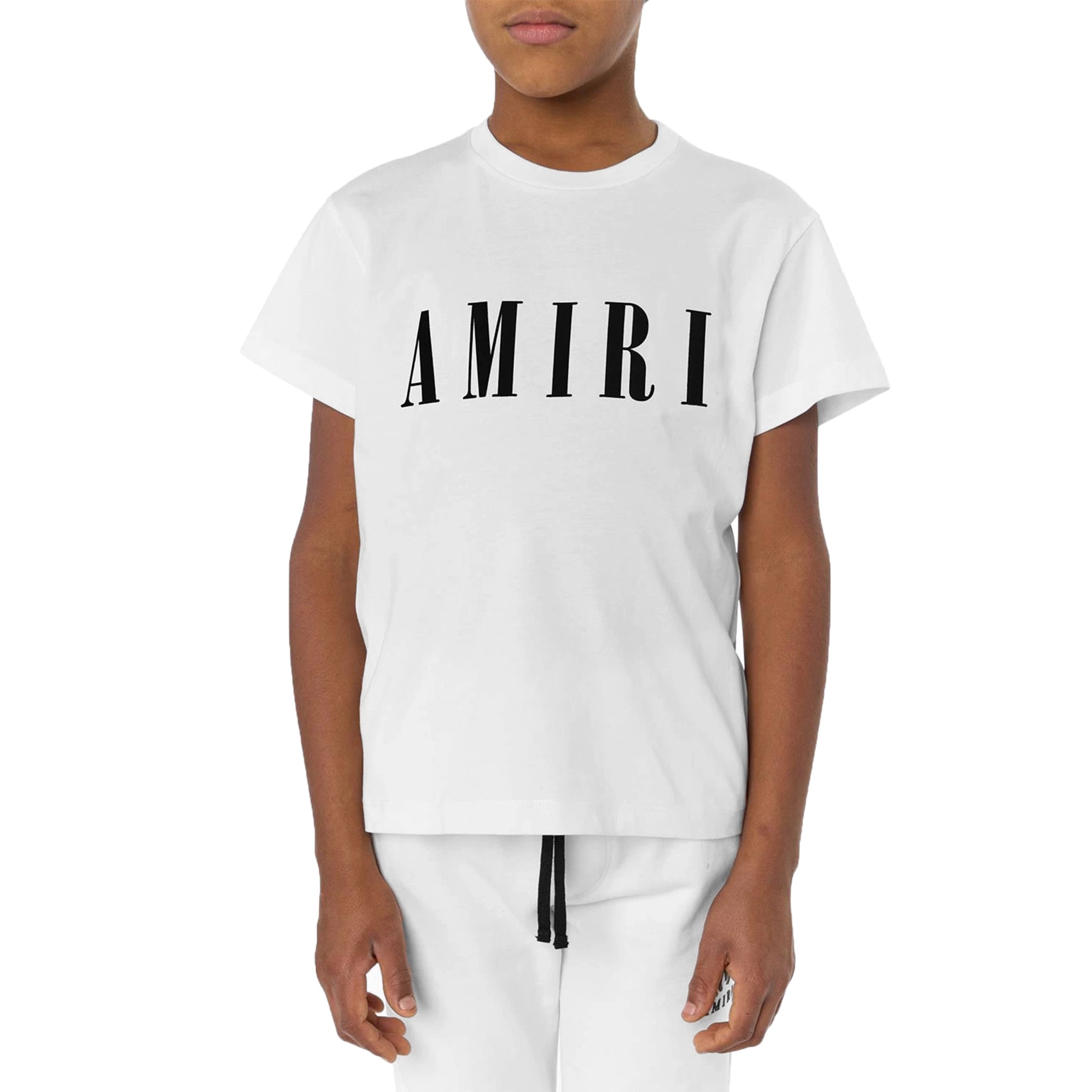Model front view of Amiri Kids 'Amiri' White T Shirt PF22KJL013-100