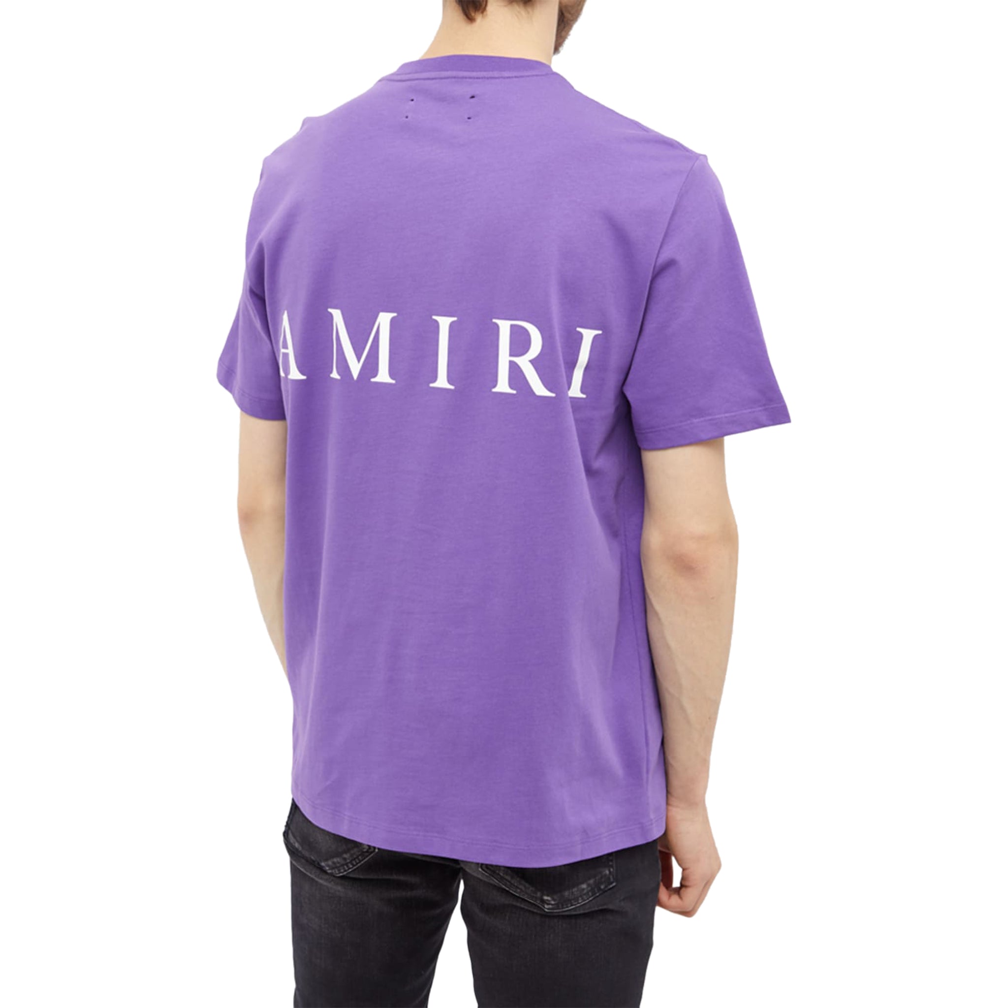 Model back view of Amiri MA Logo T Shirt Purple PS23MJL015-510