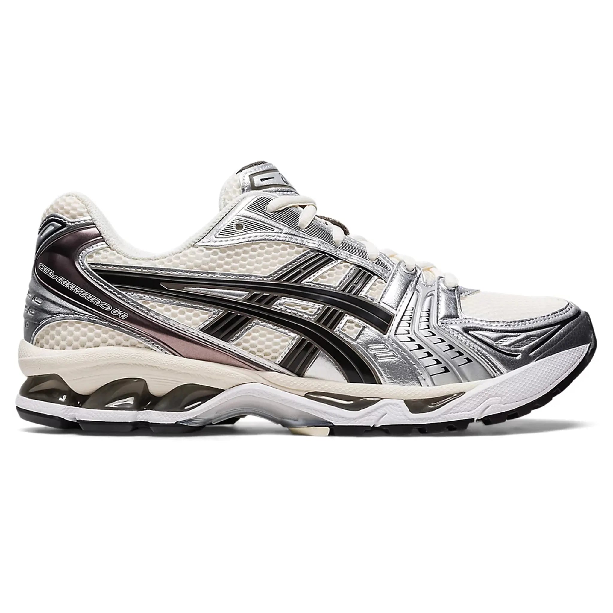 Side view of Asics Gel-Kayano 14 Silver Cream Black (W) 1201A019-108