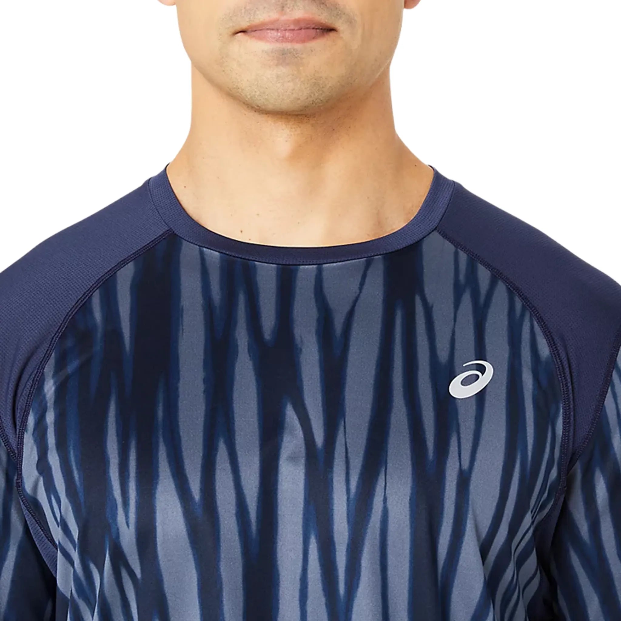 Front Detailed View of Asics Road All Over Men’s S/S Navy T Shirt 2011D092-400