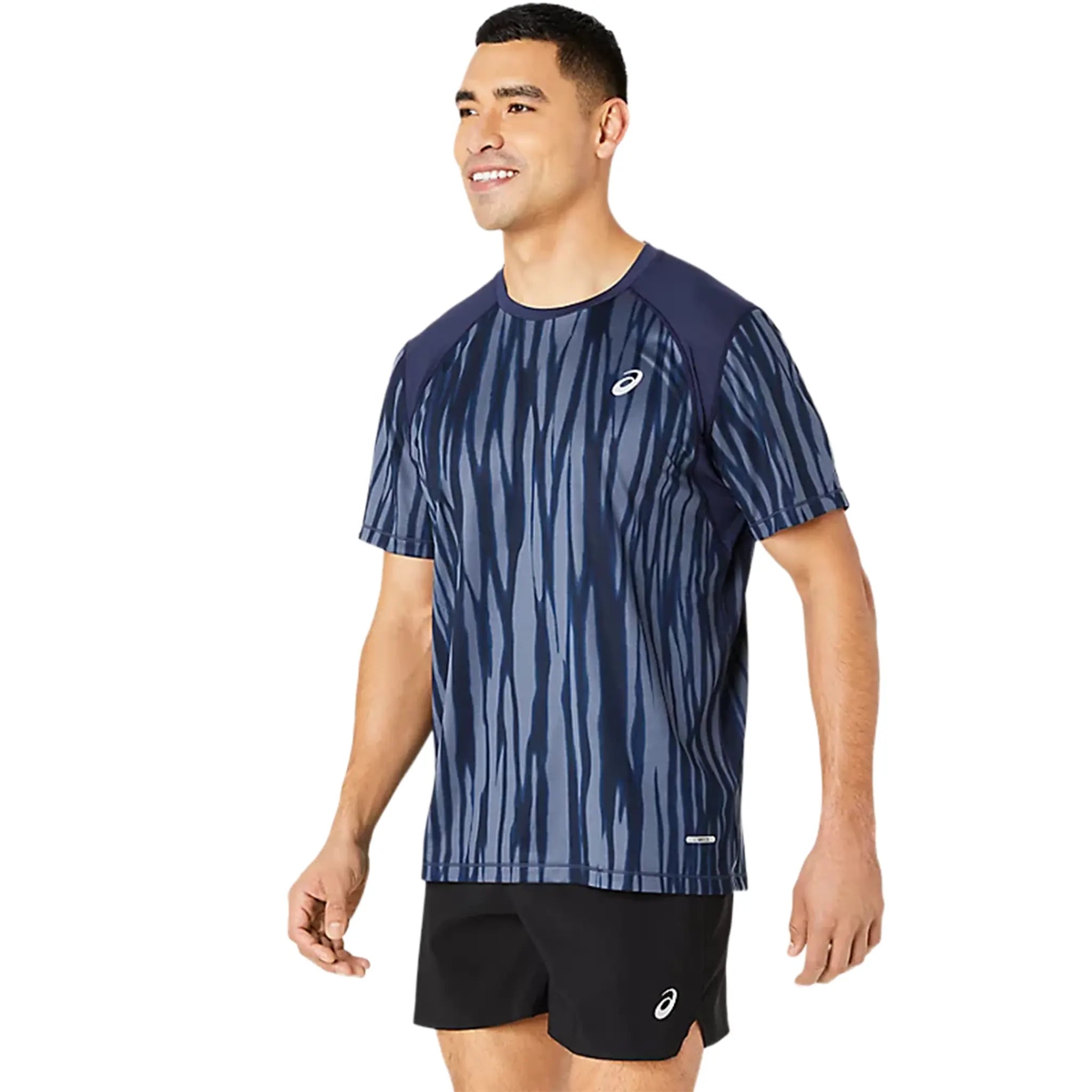 Front Side View of Asics Road All Over Men’s S/S Navy T Shirt 2011D092-400