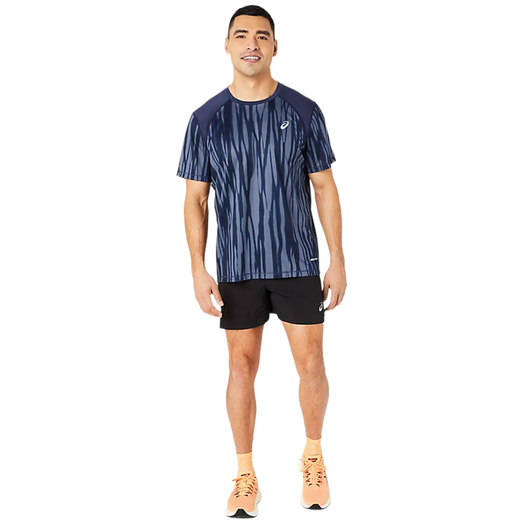 Front View of Asics Road All Over Men’s S/S Navy T Shirt 2011D092-400