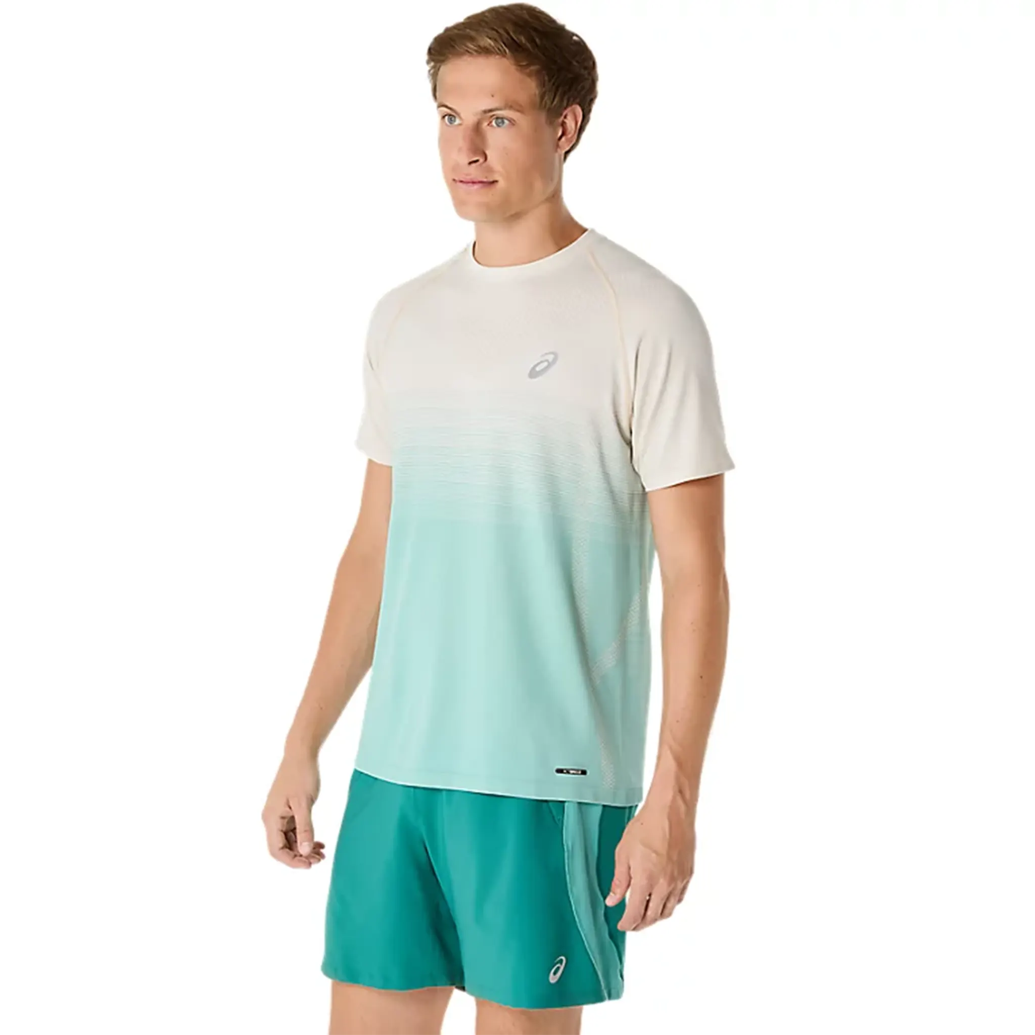 Front Side View of ASICS Seamless Birch Oasis Green T Shirt 2011C398-201