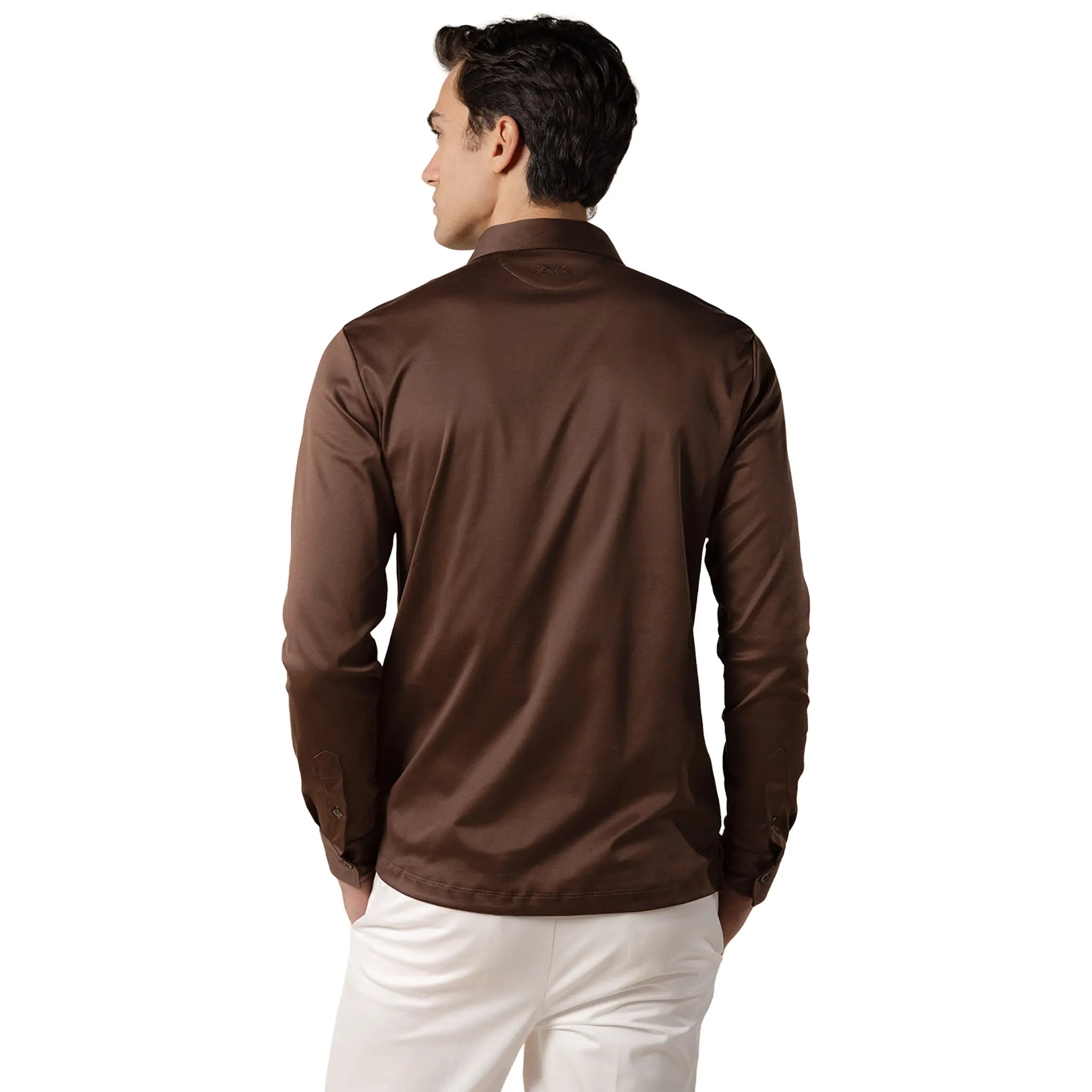 Back View of Aurélien Aur1 L/S Chocolate Polo Shirt AUR1LSPOLOCHOCOLATE