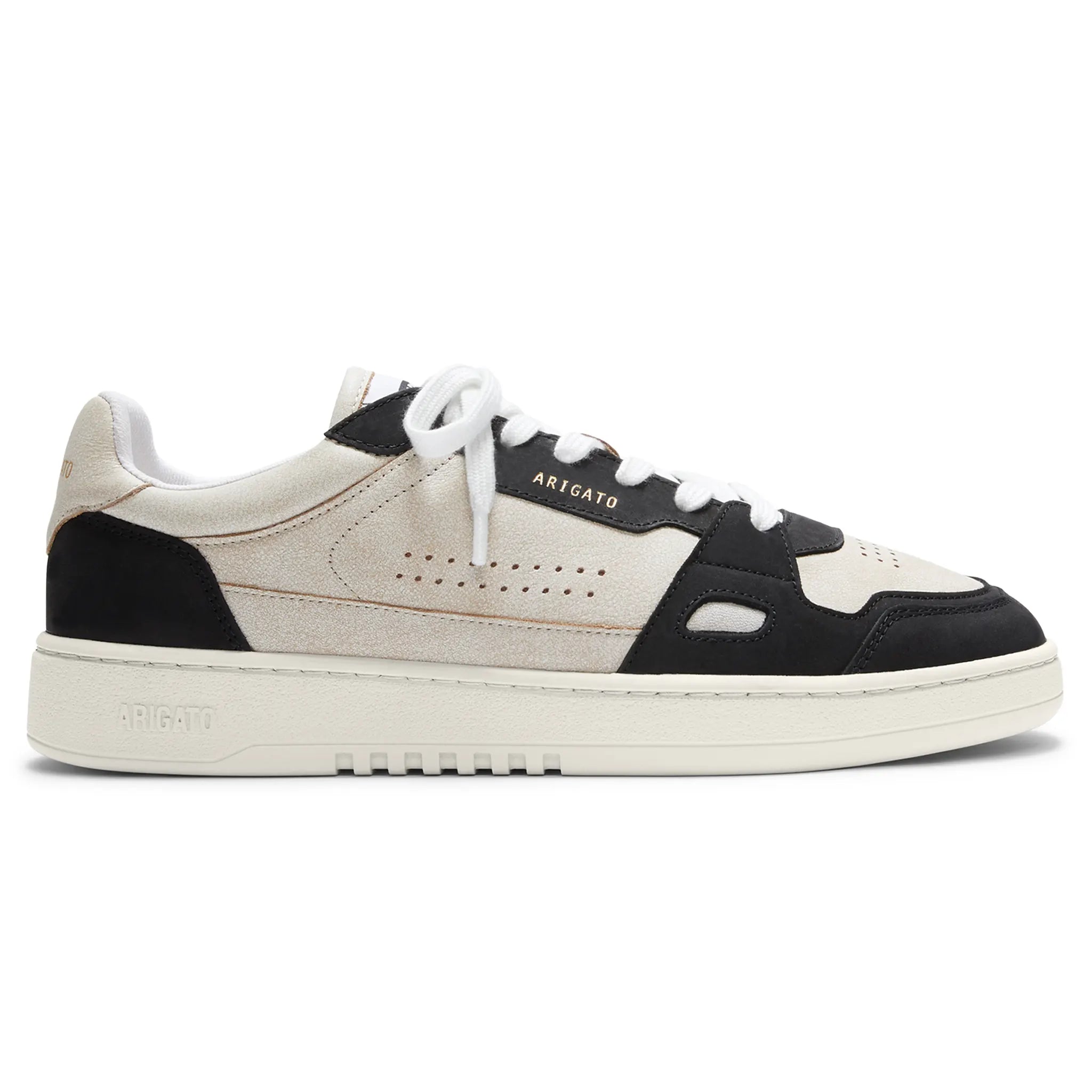Side view of Axel Arigato Dice Low Beige Black Sneaker F1697004