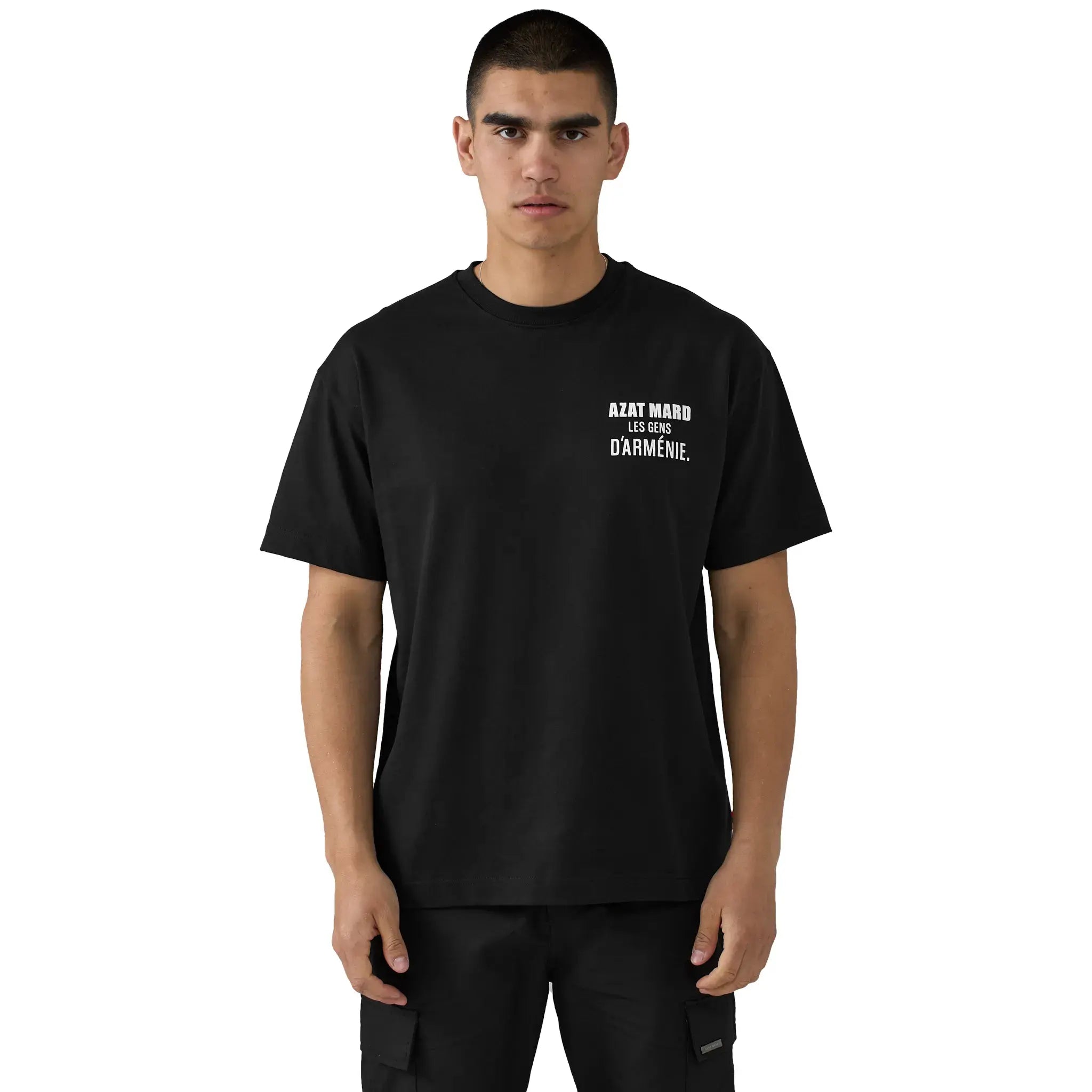 Front view of Azat Mard Les Gens T Shirt Black FW23033
