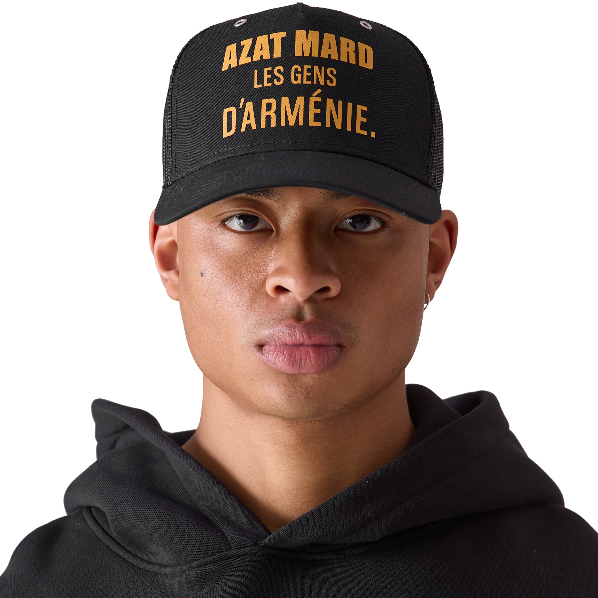 Model front view of Azat Mard Les Gens Trucker Cap Black JF03456