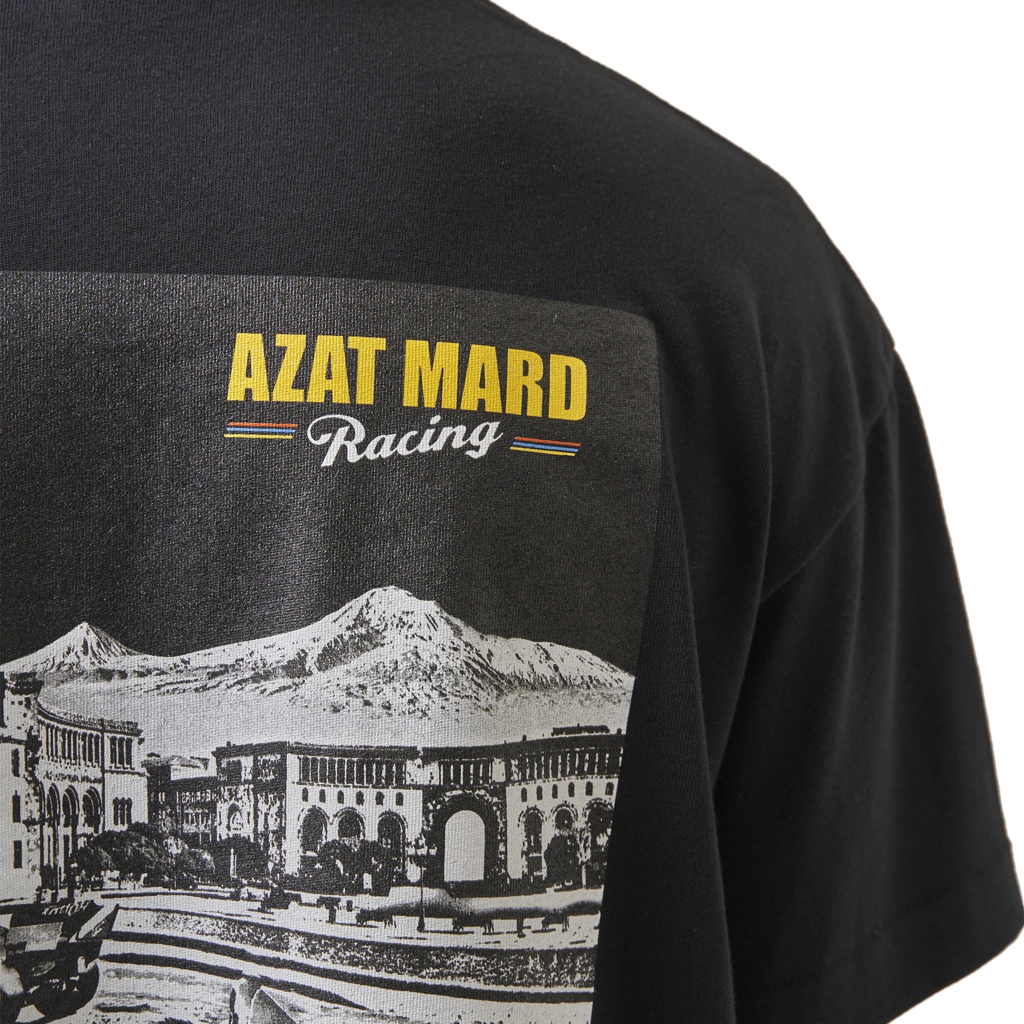 Model back close up view of Azat Mard Yerevan Racing T Shirt Black FW23033