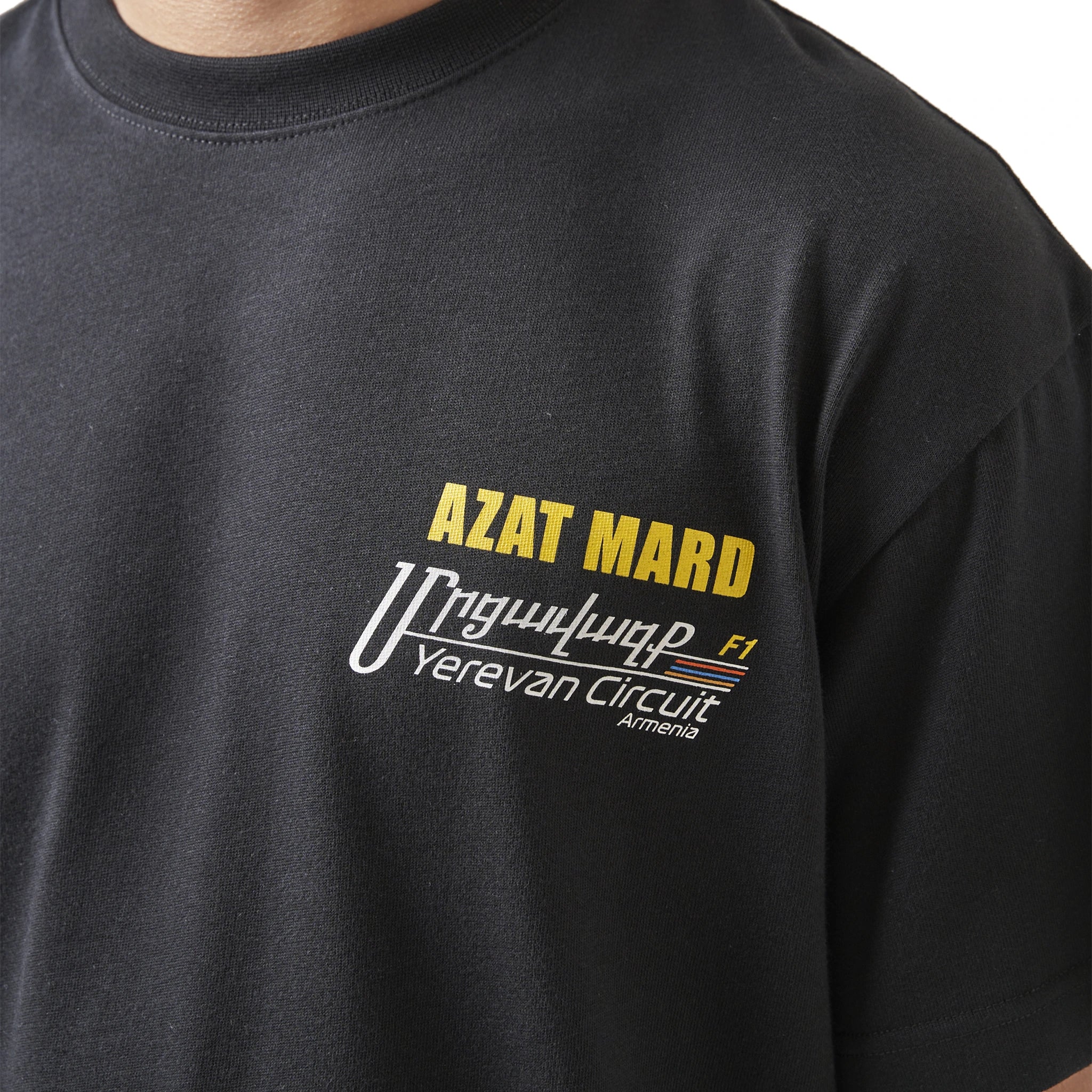 Model chest view of Azat Mard Yerevan Racing T Shirt Black FW23033