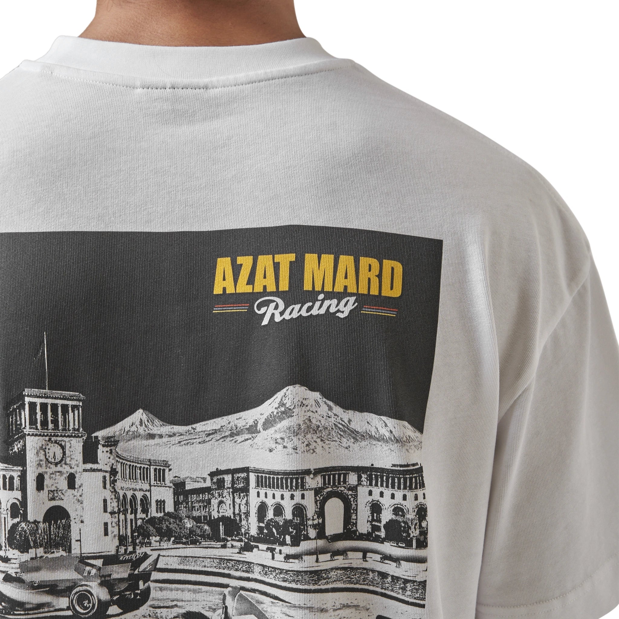Model back detail front view of Azat Mard Yerevan Racing T Shirt White FW23033