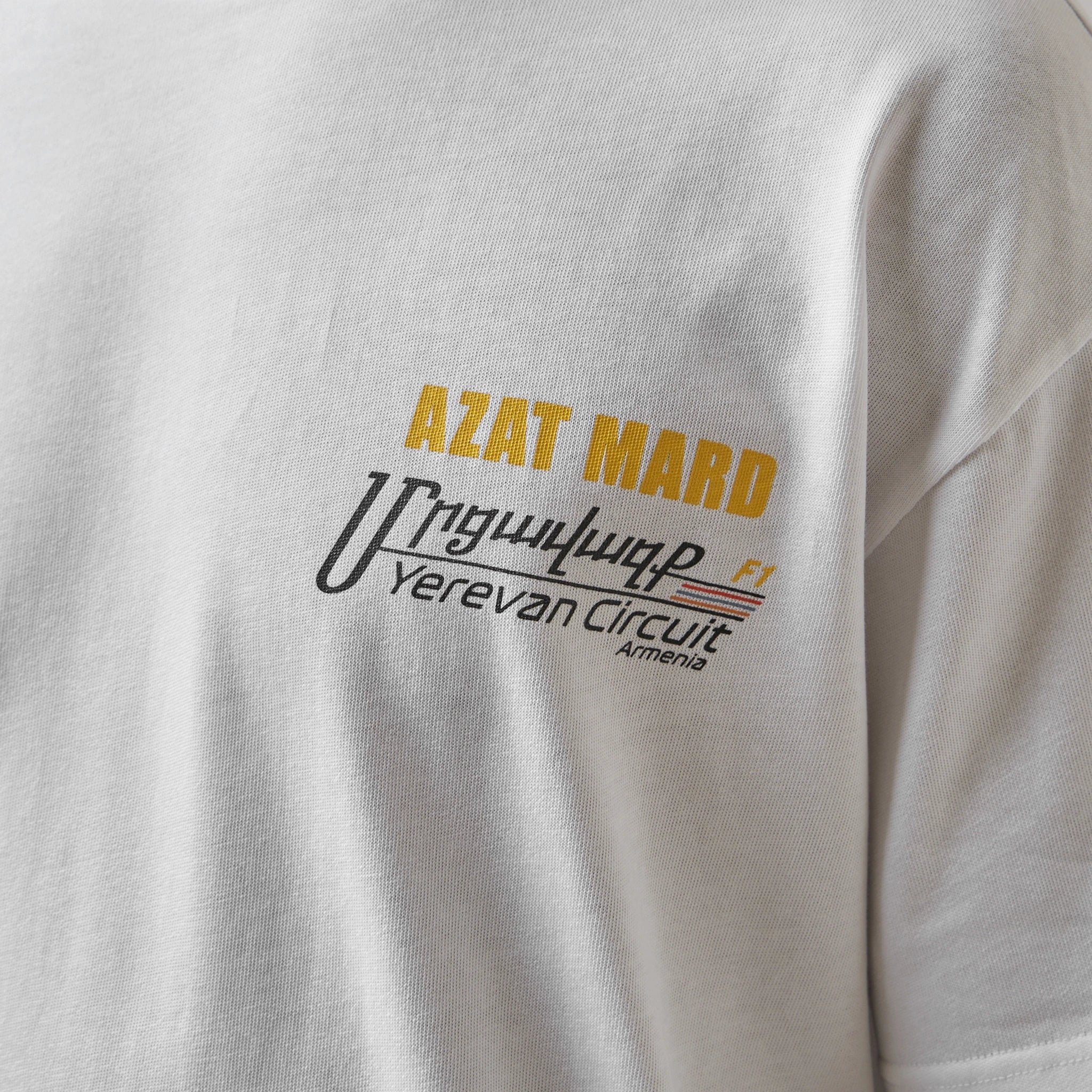 Model Chest front view of Azat Mard Yerevan Racing T Shirt White FW23033