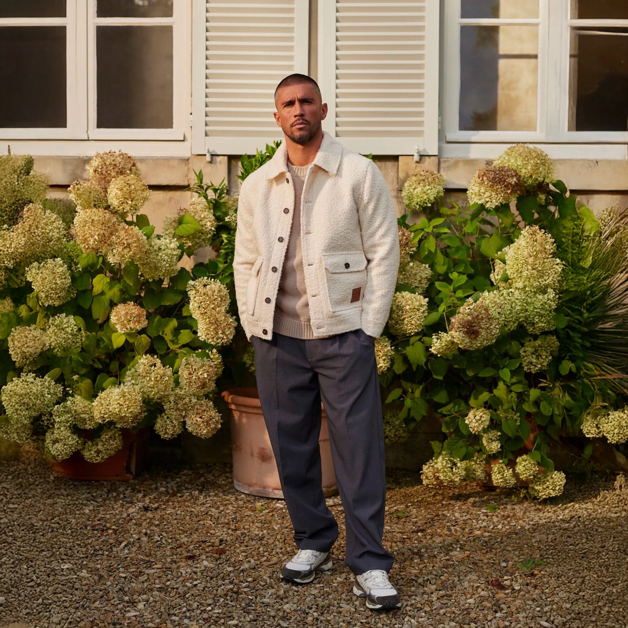 Front View of Belier Boucle Ecru Wool Jacket BM390ECR