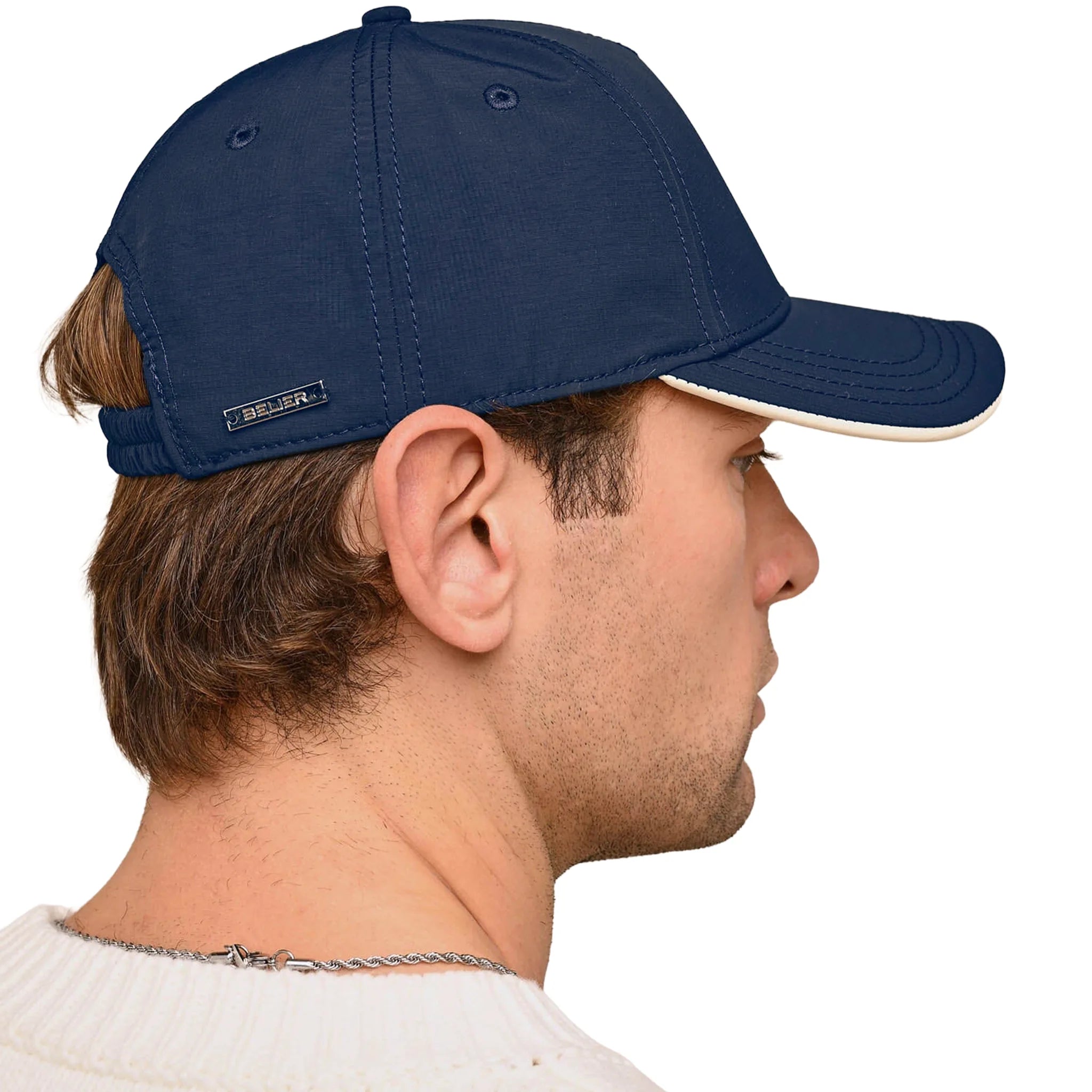 Side View of Belier Crest Logo Navy Cap BA006NVY