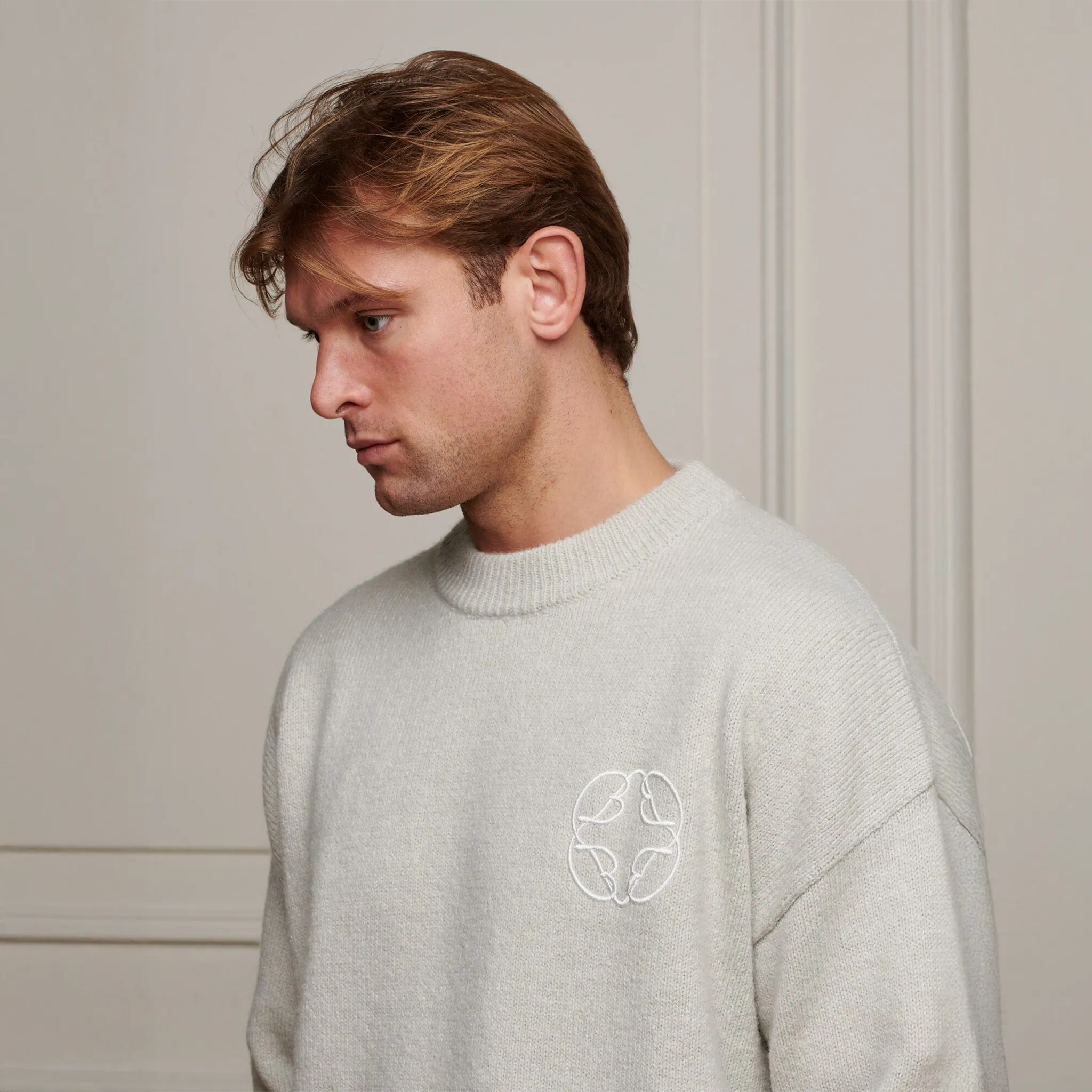 Detailed Front Side View of Belier Cropped Mohair Knit Grey Marl Sweatshirt