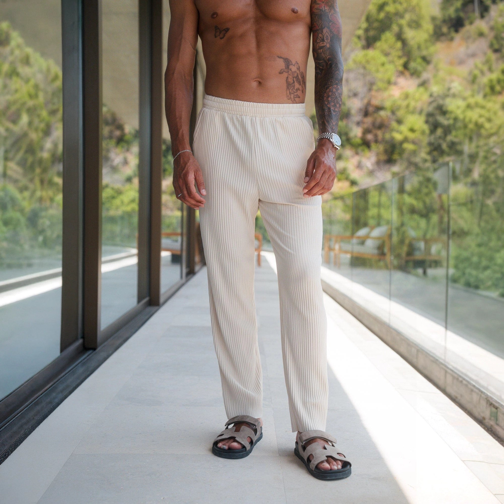 Front View of Belier Resort Pleated Ecru Trousers BM074ECRU