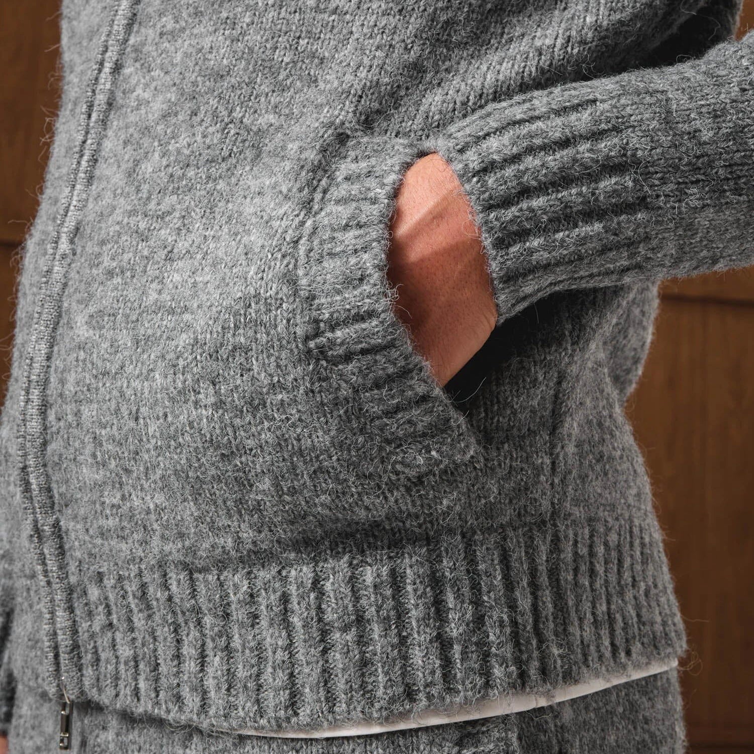 Detailed Side View of Belier Knitted Bomber Grey Jacket BM767GRY