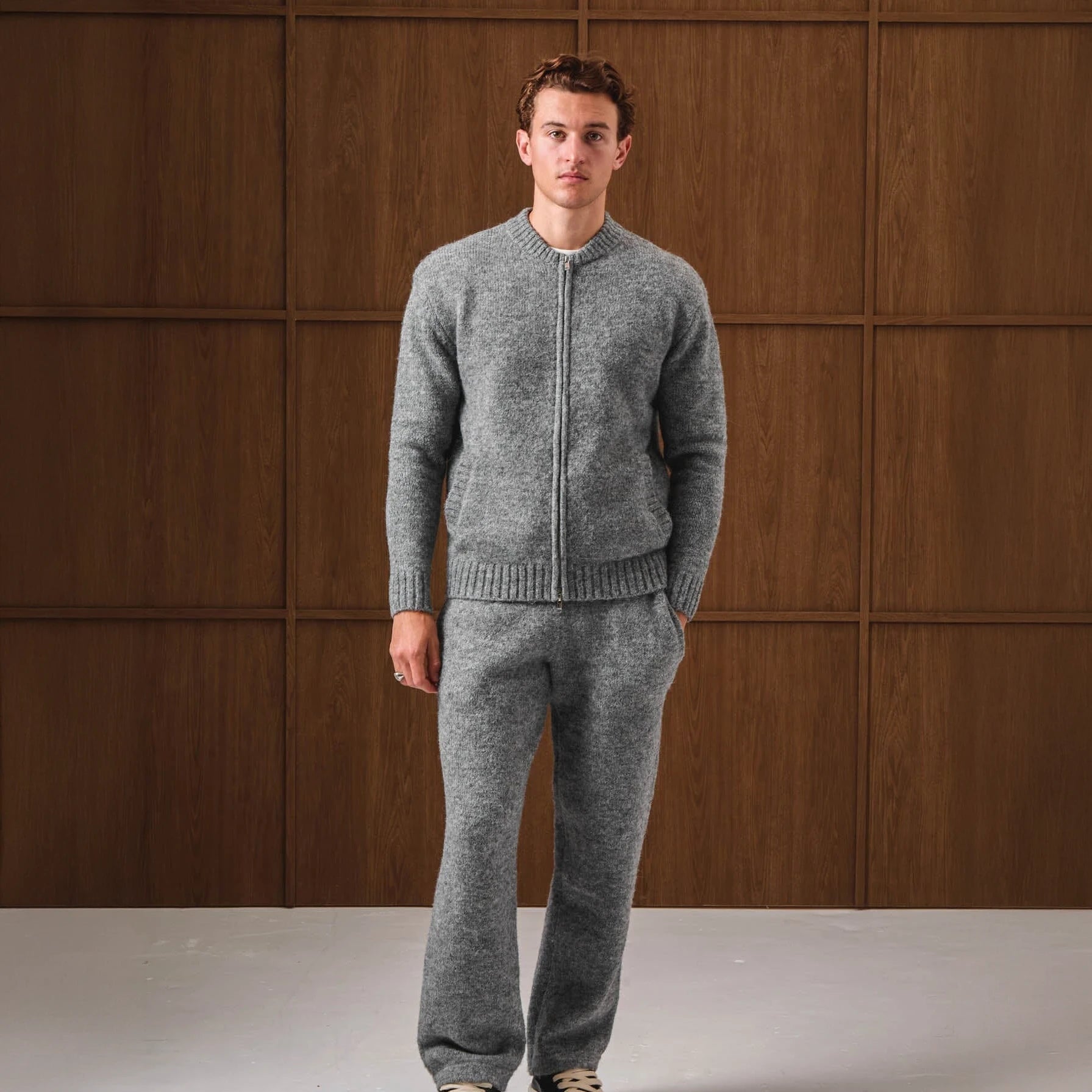 Model View of Belier Knitted Bomber Grey Jacket BM767GRY