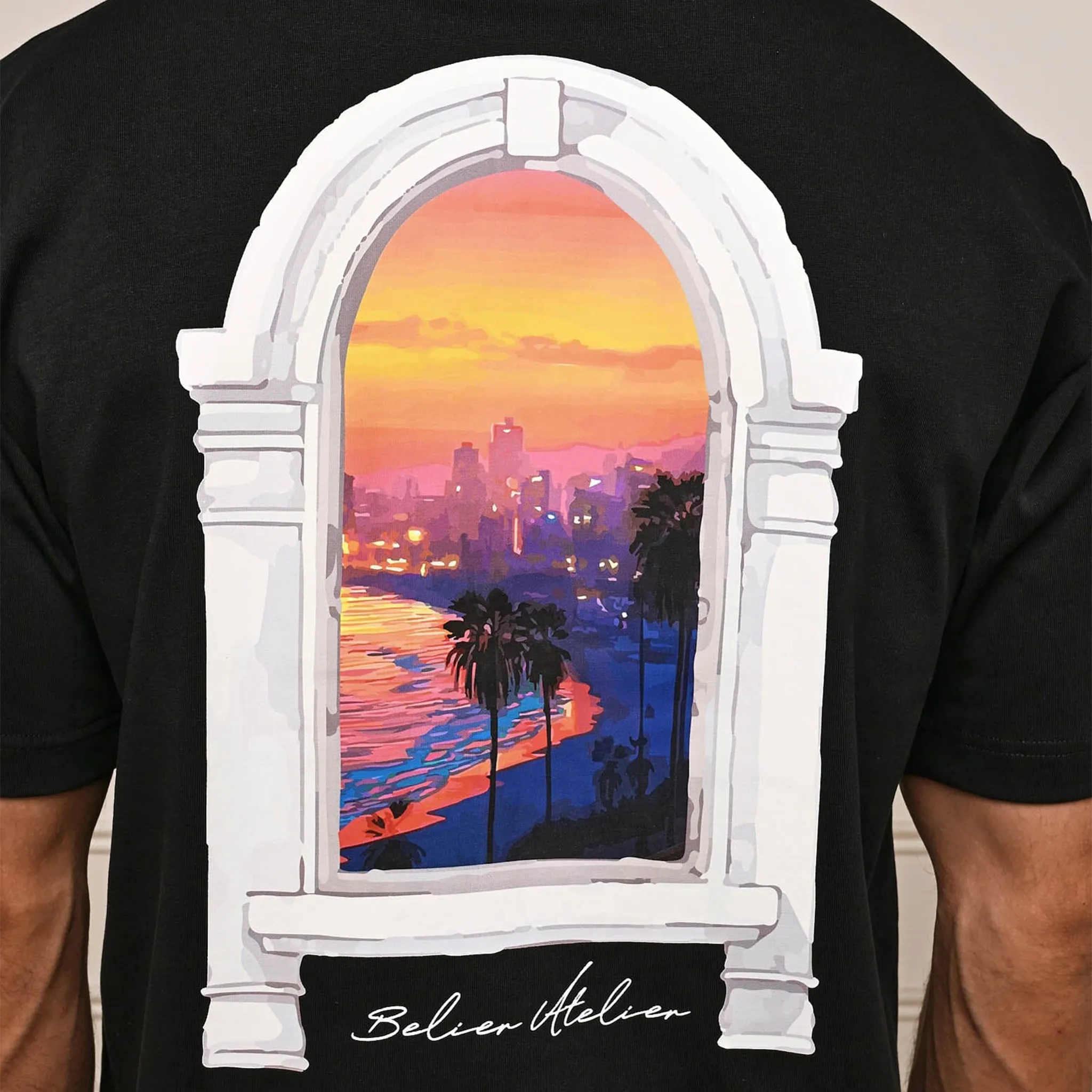 Back View of Belier Miami Sunset Arch Black T Shirt BM838BLK
