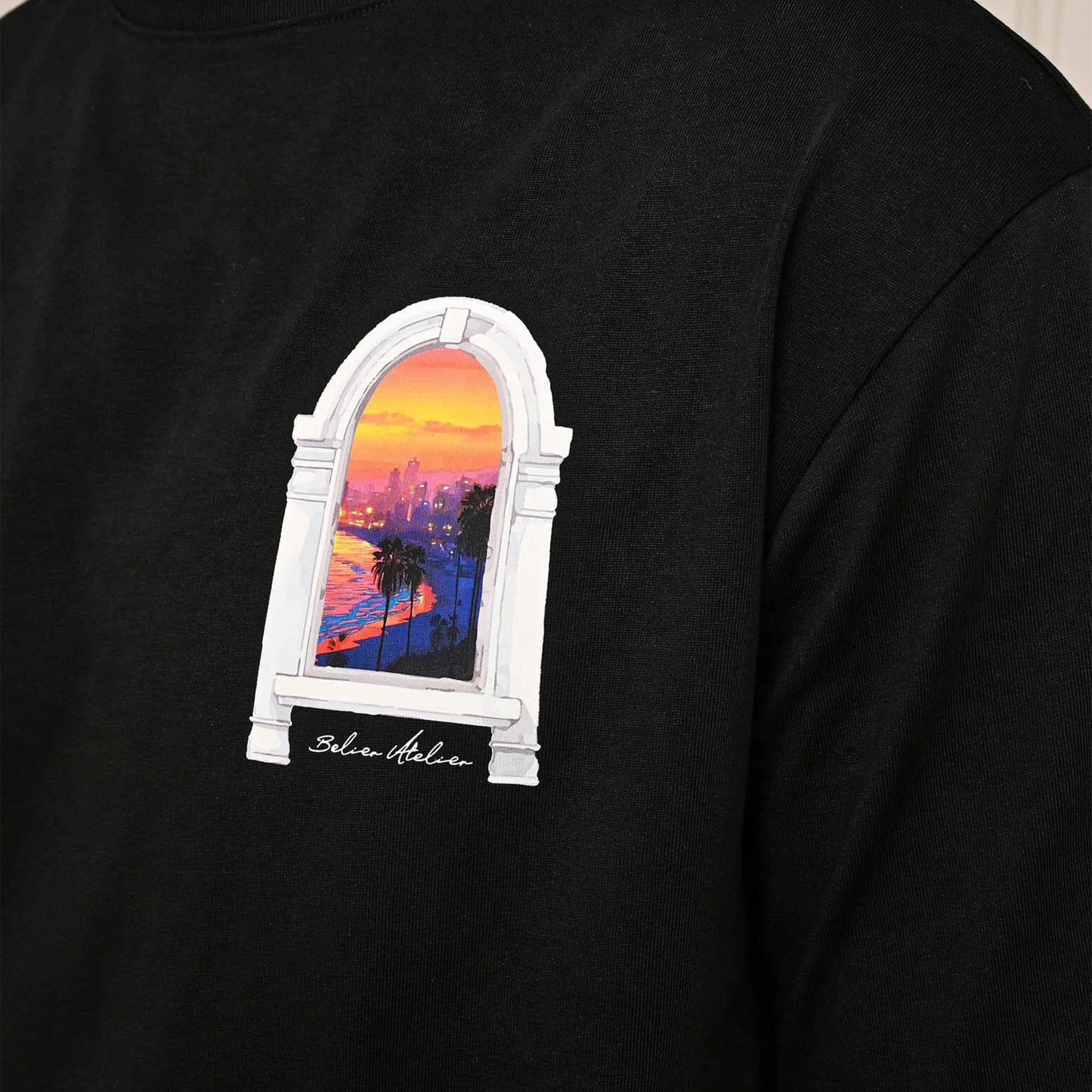 Detailed Front View of Belier Miami Sunset Arch Black T Shirt BM838BLK