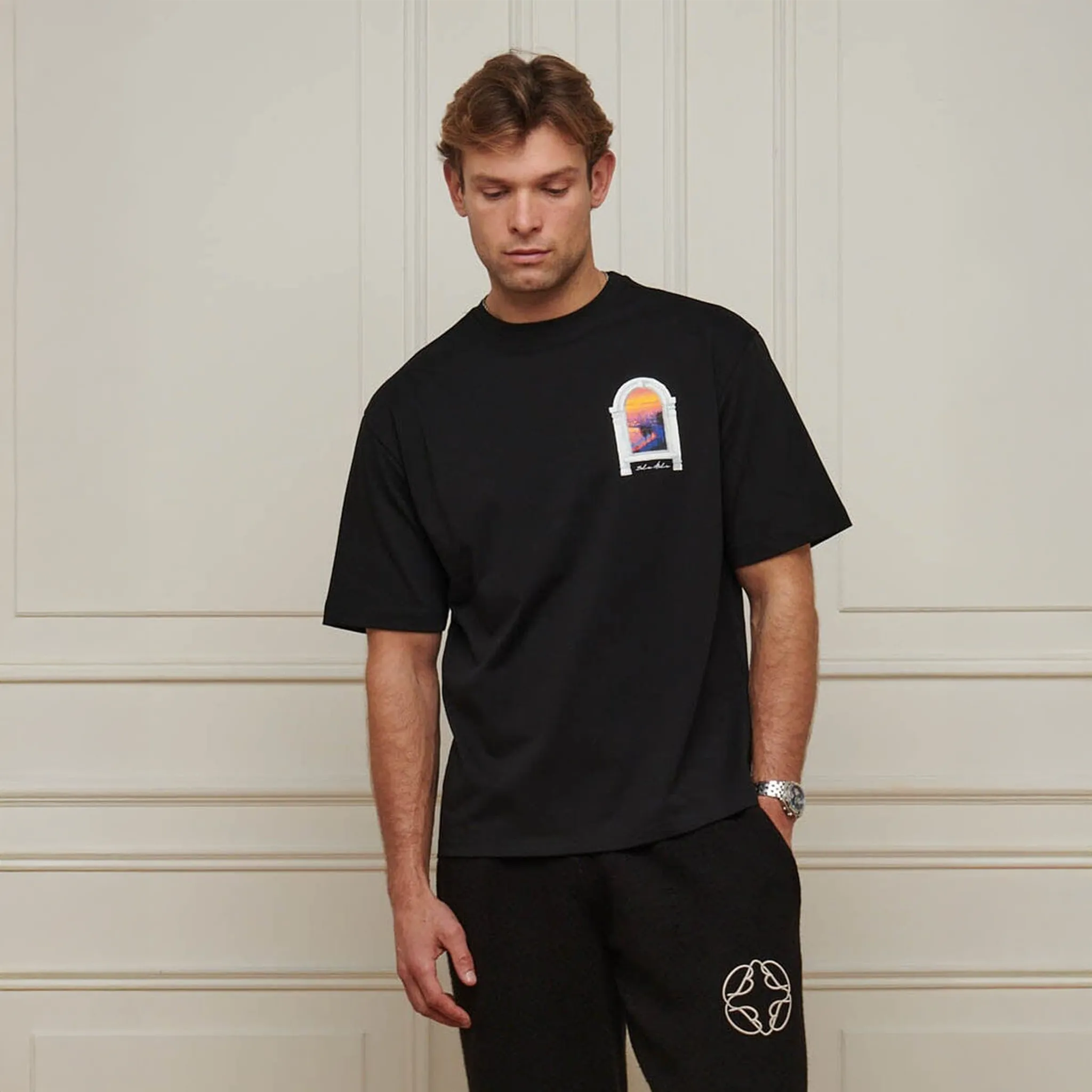 Front View of Belier Miami Sunset Arch Black T Shirt BM838BLK