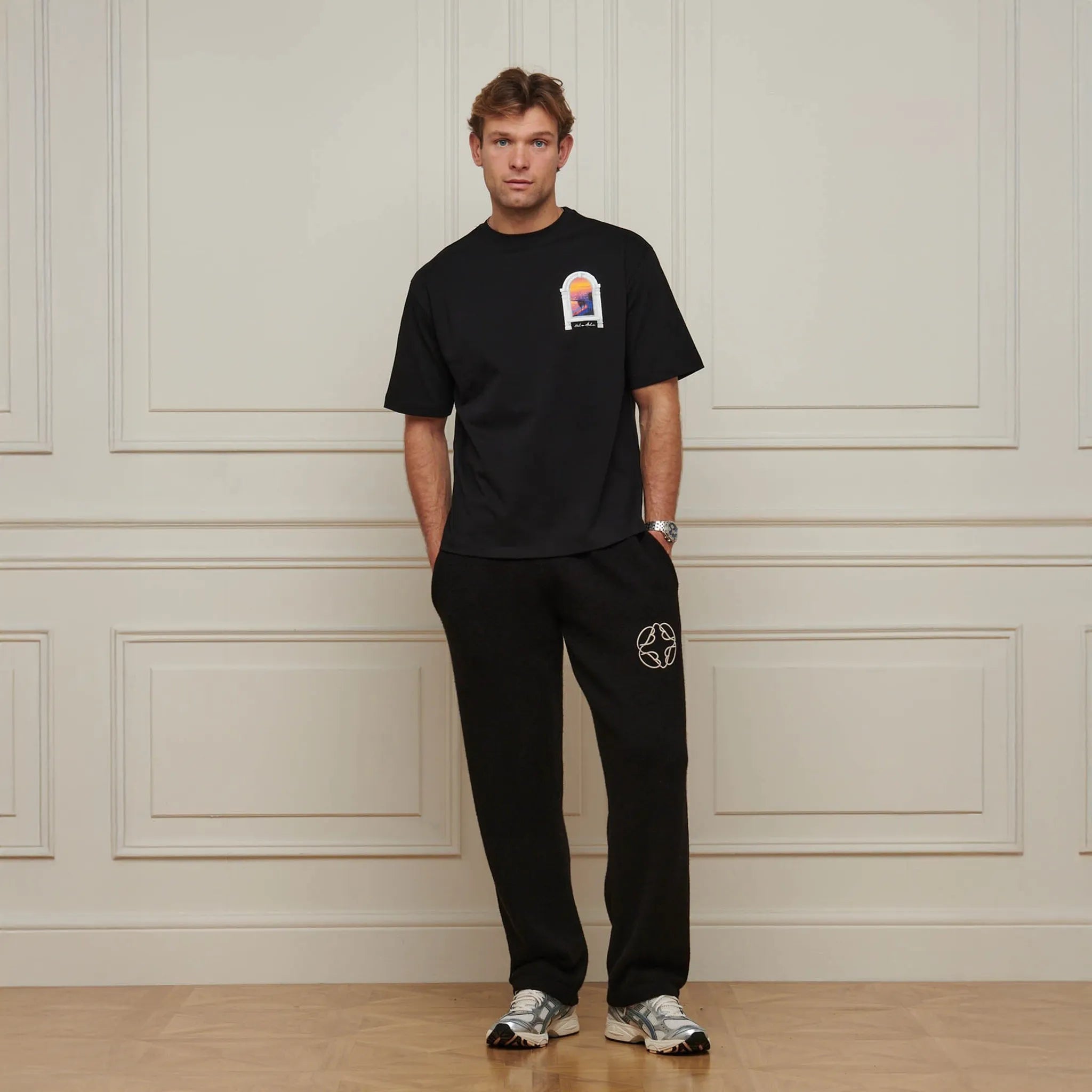 Front View of Belier Miami Sunset Arch Black T Shirt BM838BLK