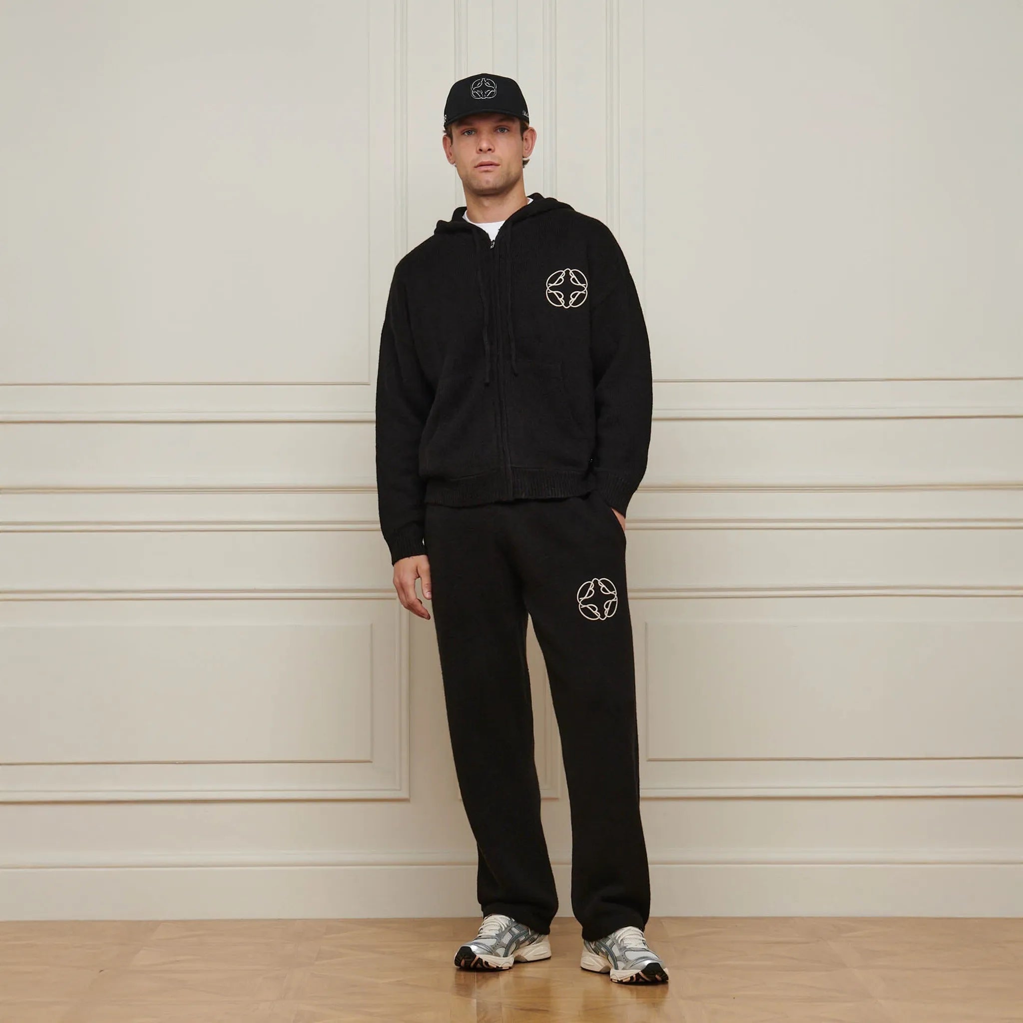 Model Front View of Belier Mohair Knit Black Hoodie