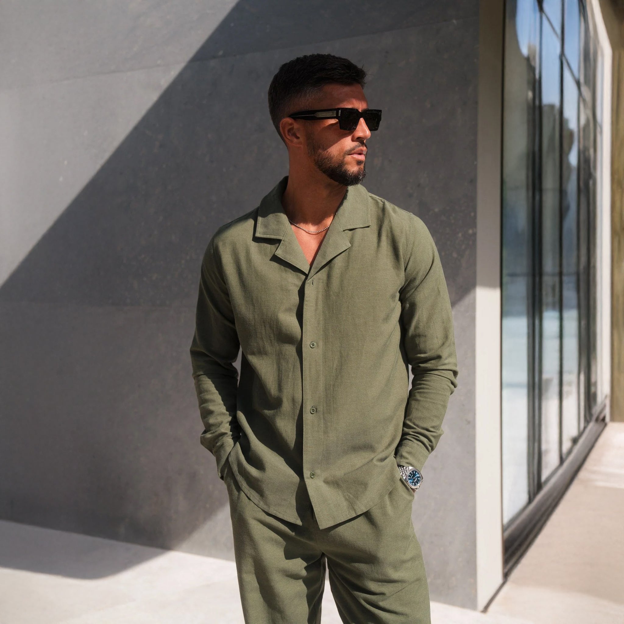 Front View of Belier Olive Linen L/S Shirt