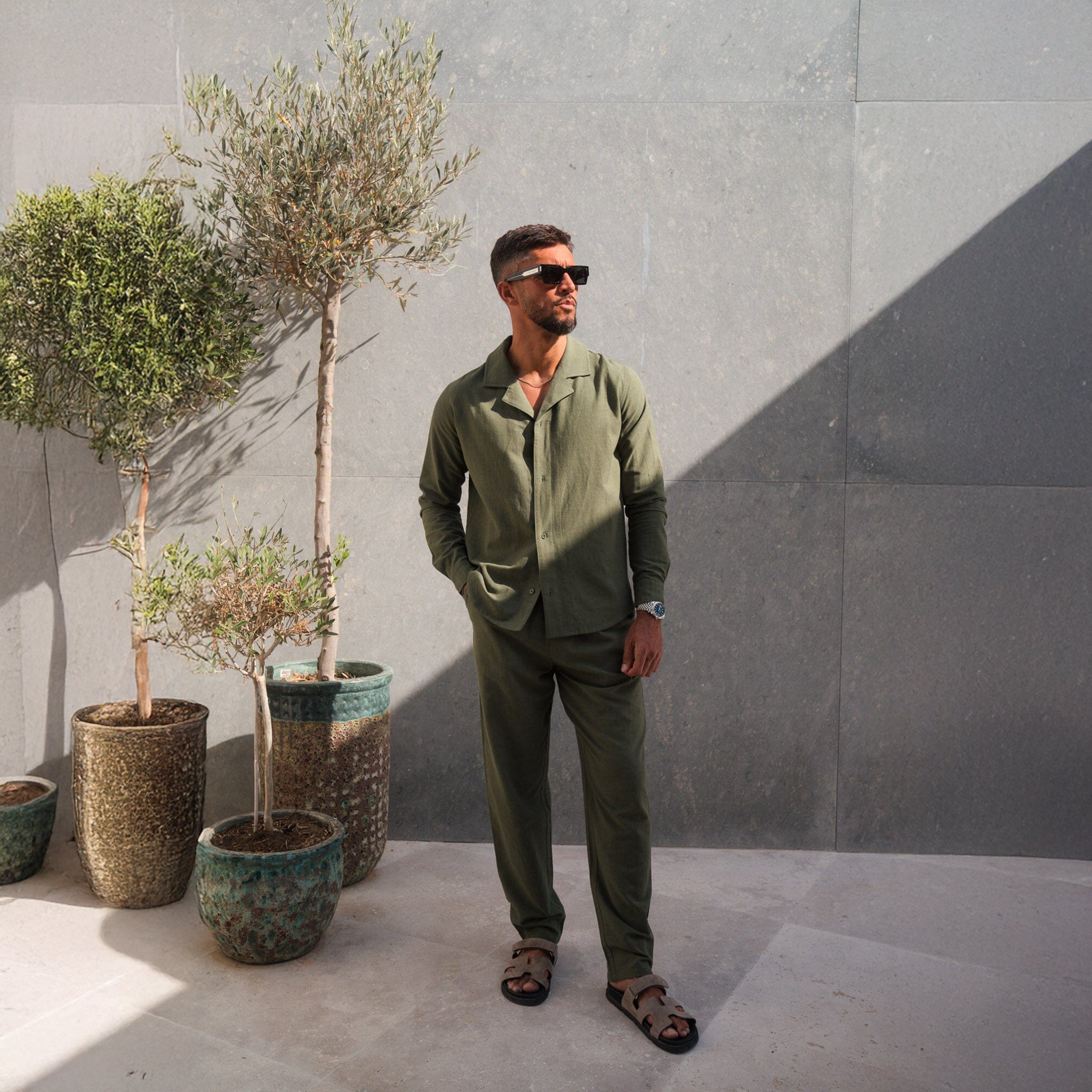 Front Full View of Belier Olive Linen L/S Shirt