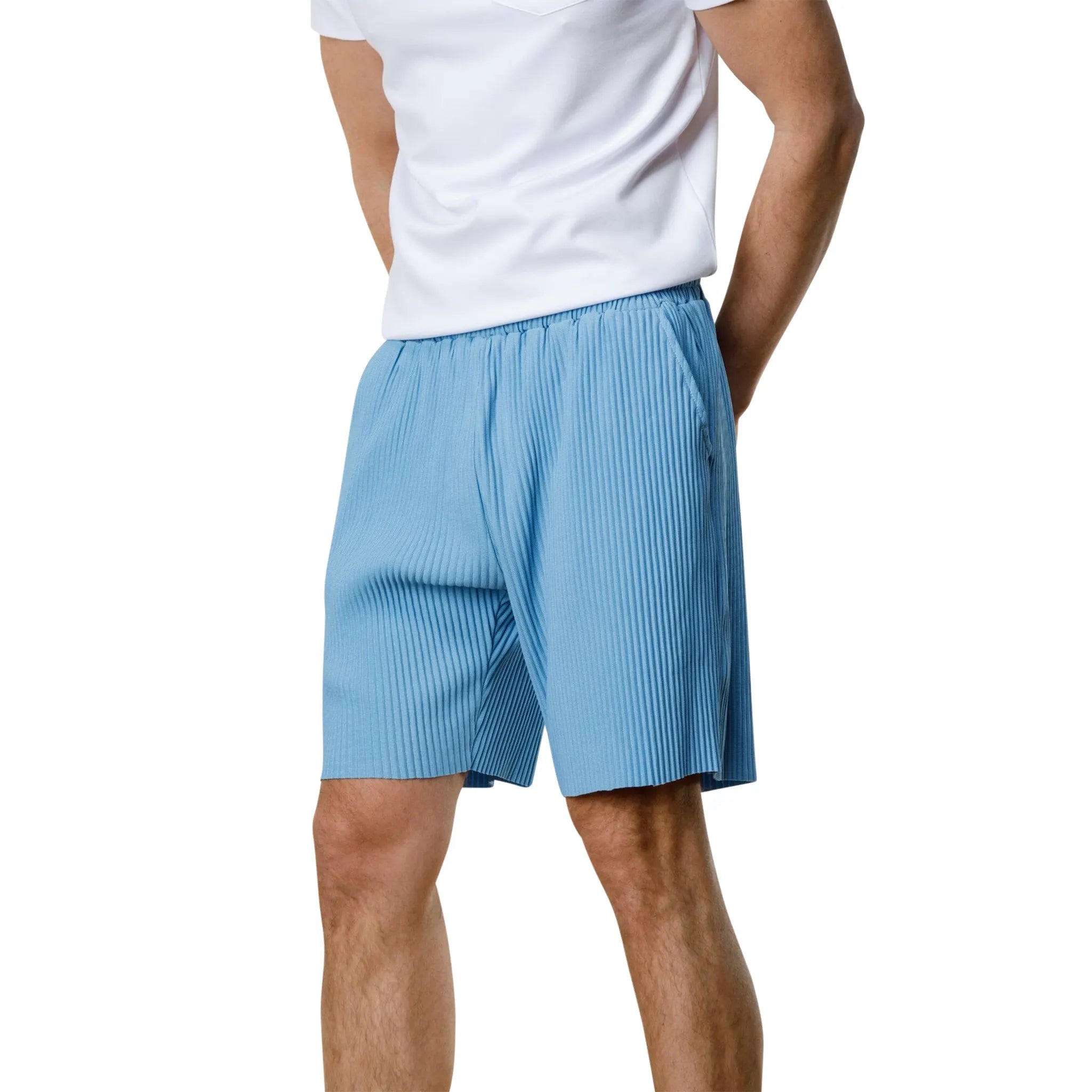 Model shorts front view of Belier Pleated Light Blue Resort Shirt & Shorts BM-073 | BM-075