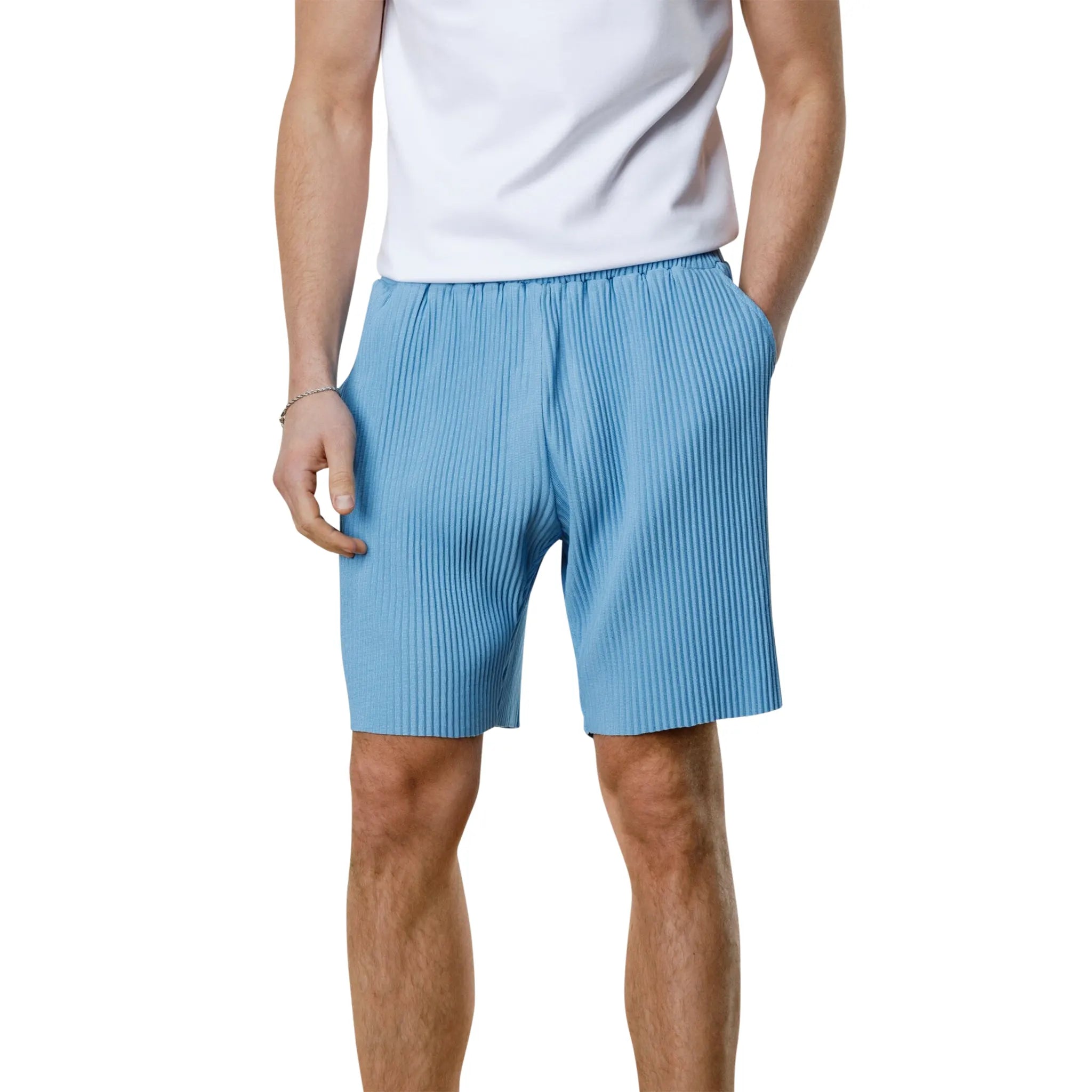 Model front view of Belier Pleated Light Blue Resort Shirt & Shorts BM-073 | BM-075