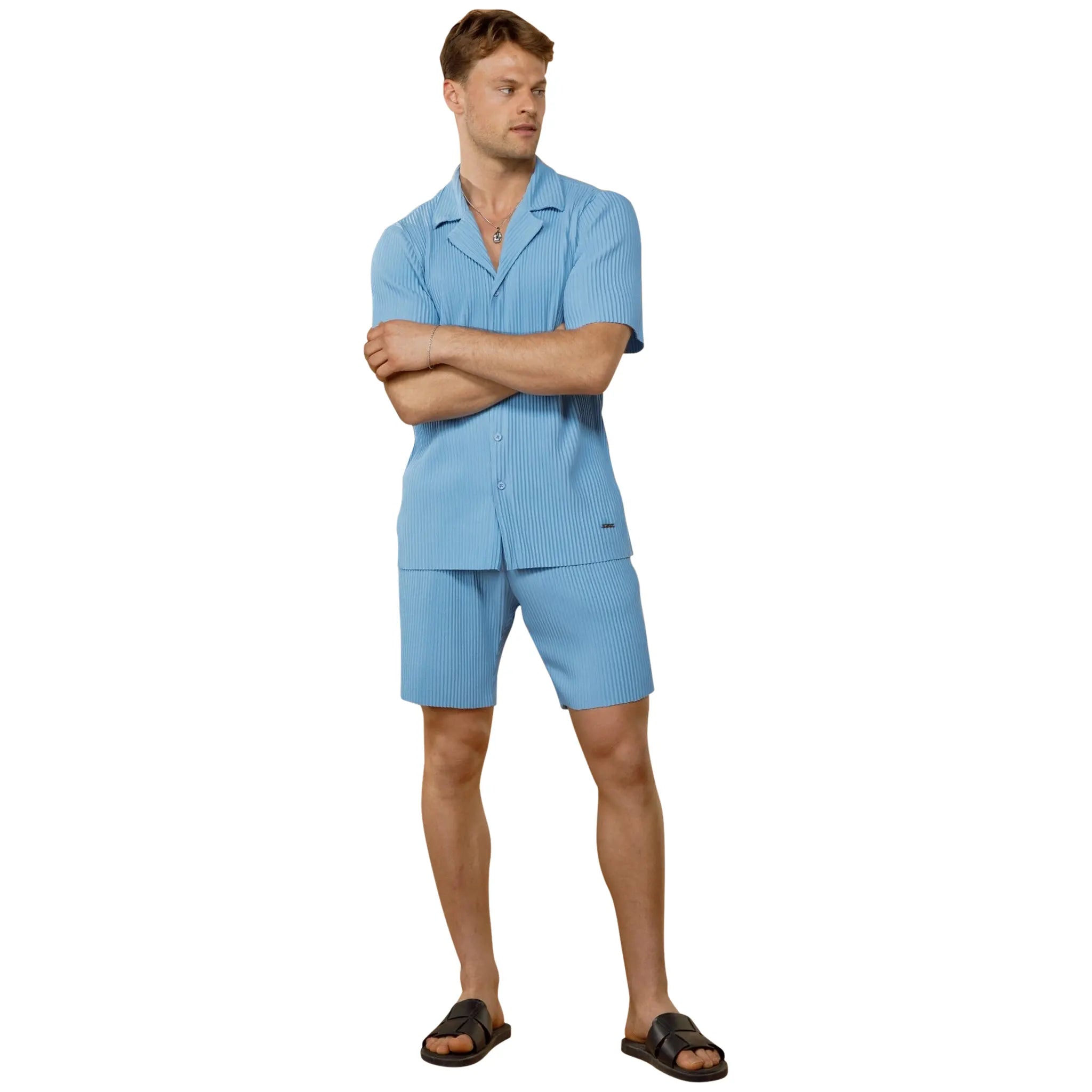Model view of Belier Pleated Light Blue Resort Shirt & Shorts BM-073 | BM-075