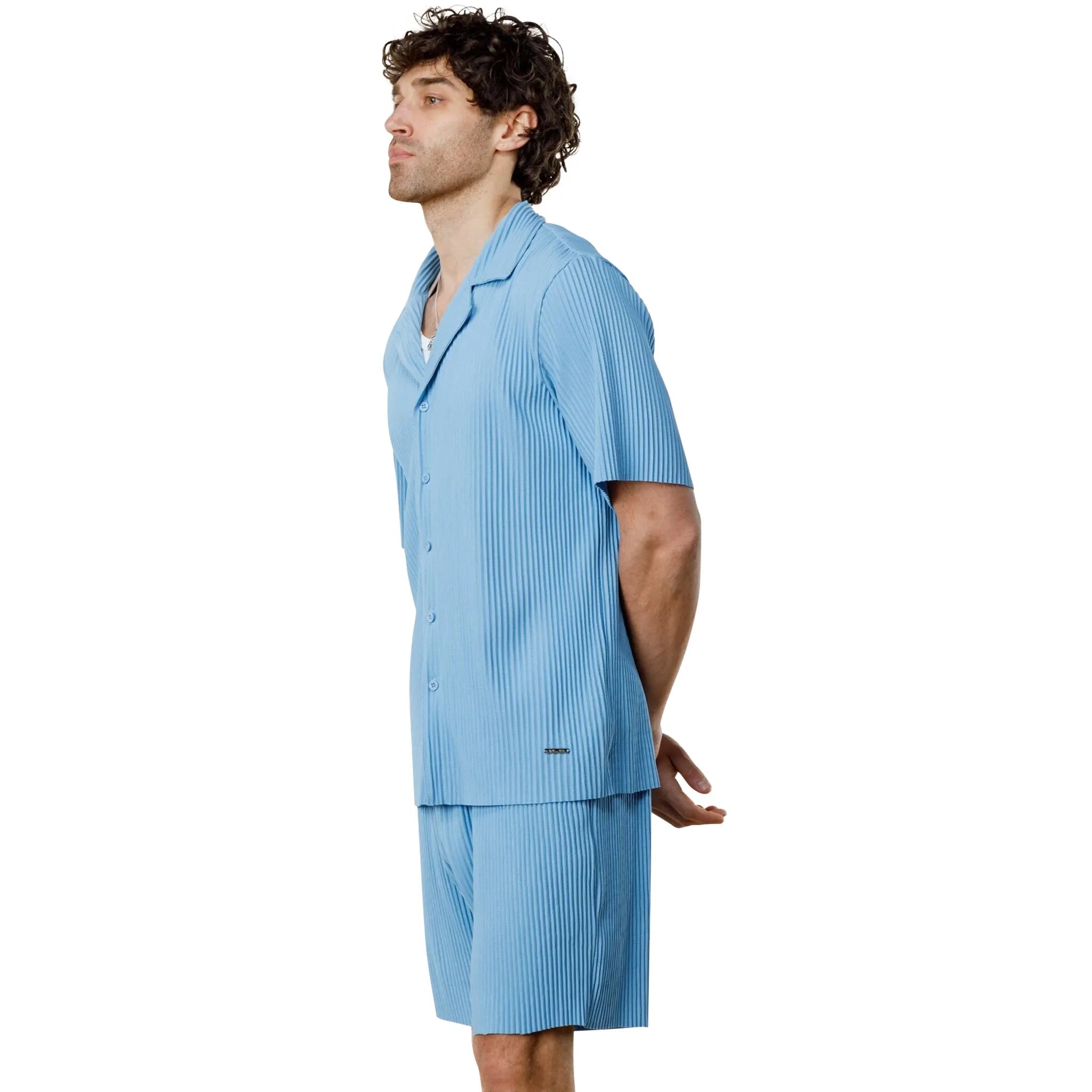 Model side view of Belier Pleated Light Blue Resort Shirt & Shorts BM-073 | BM-075