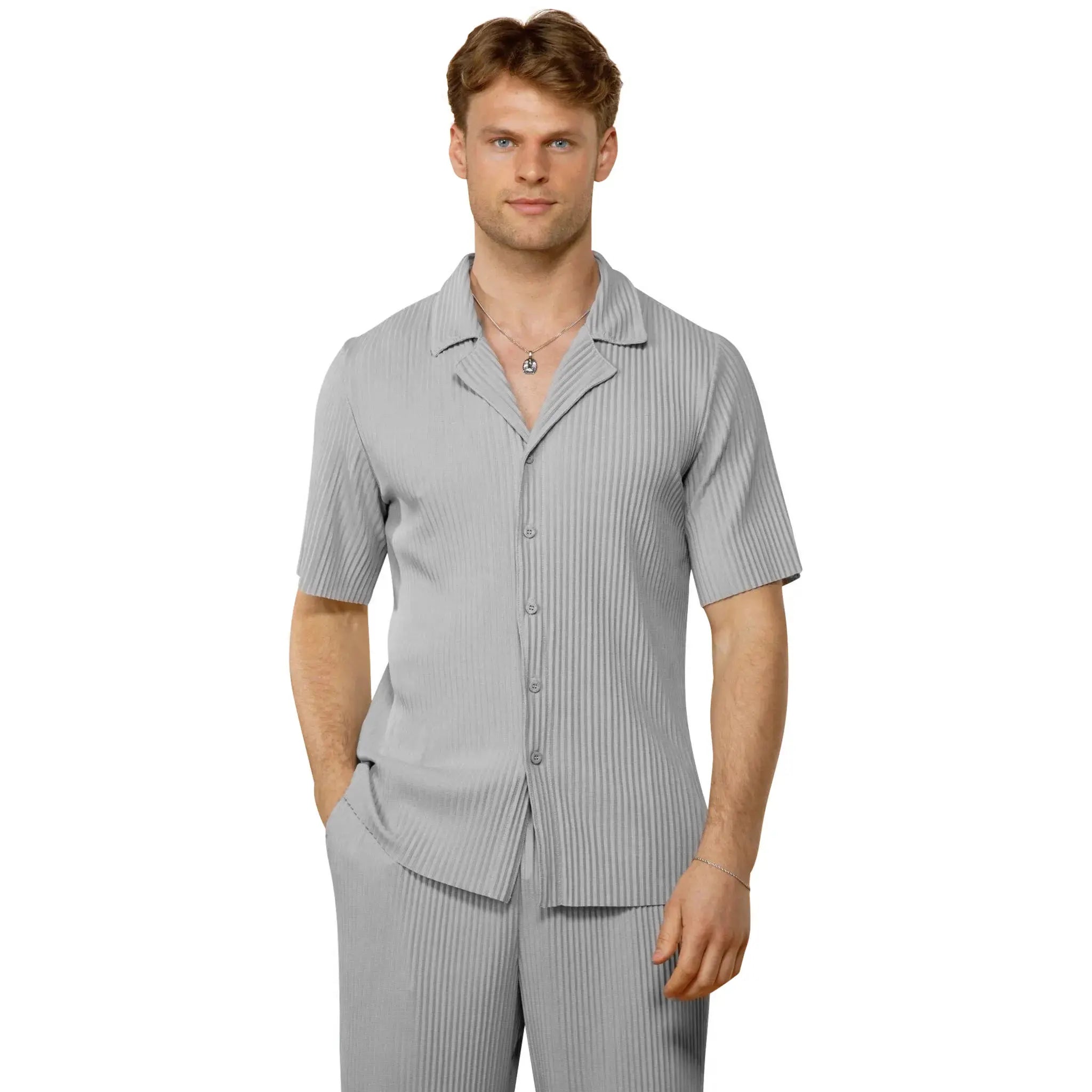 Model front view of Belier Pleated Light Grey Resort Shirt & Shorts
