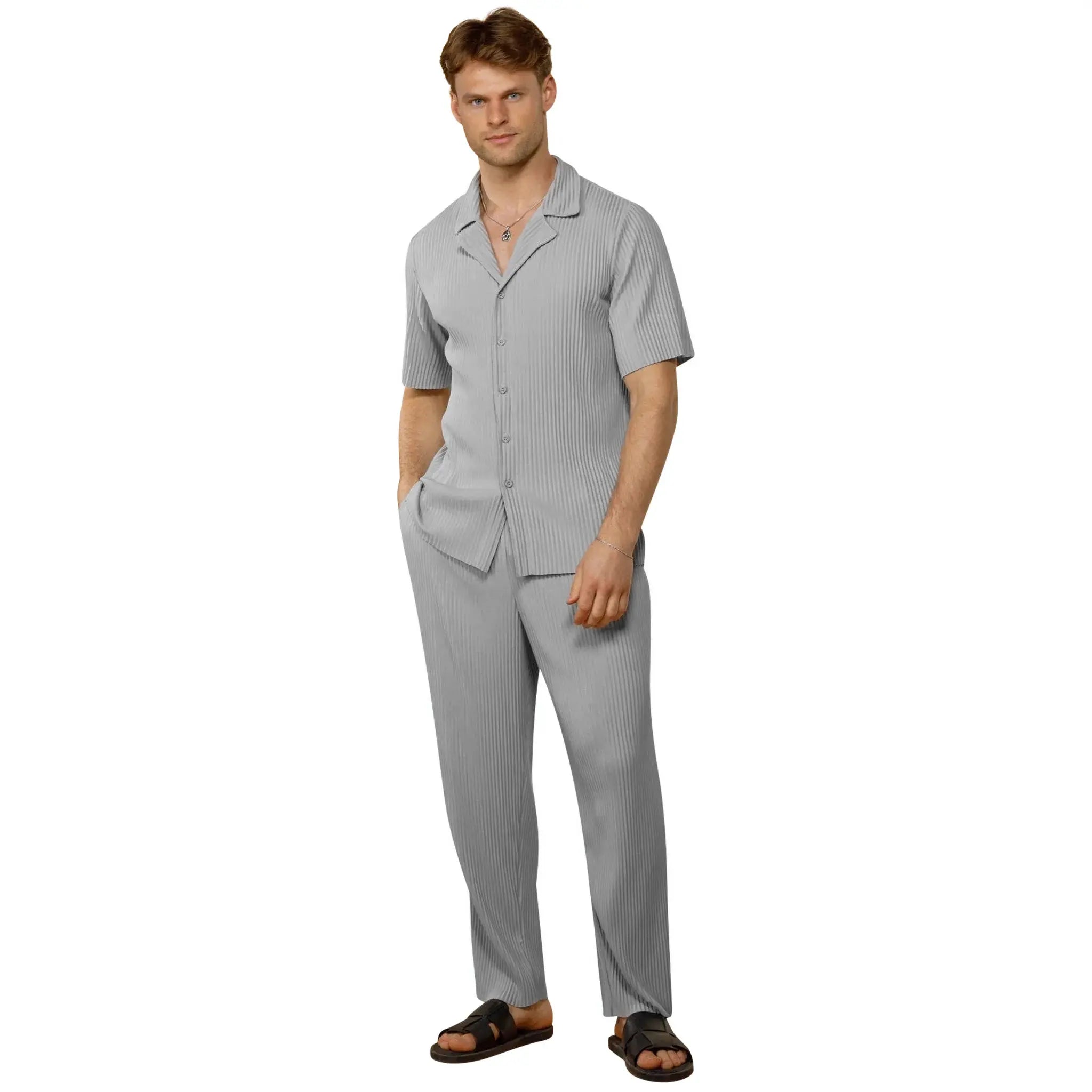 Model full view of Belier Pleated Light Grey Resort Shirt & Shorts