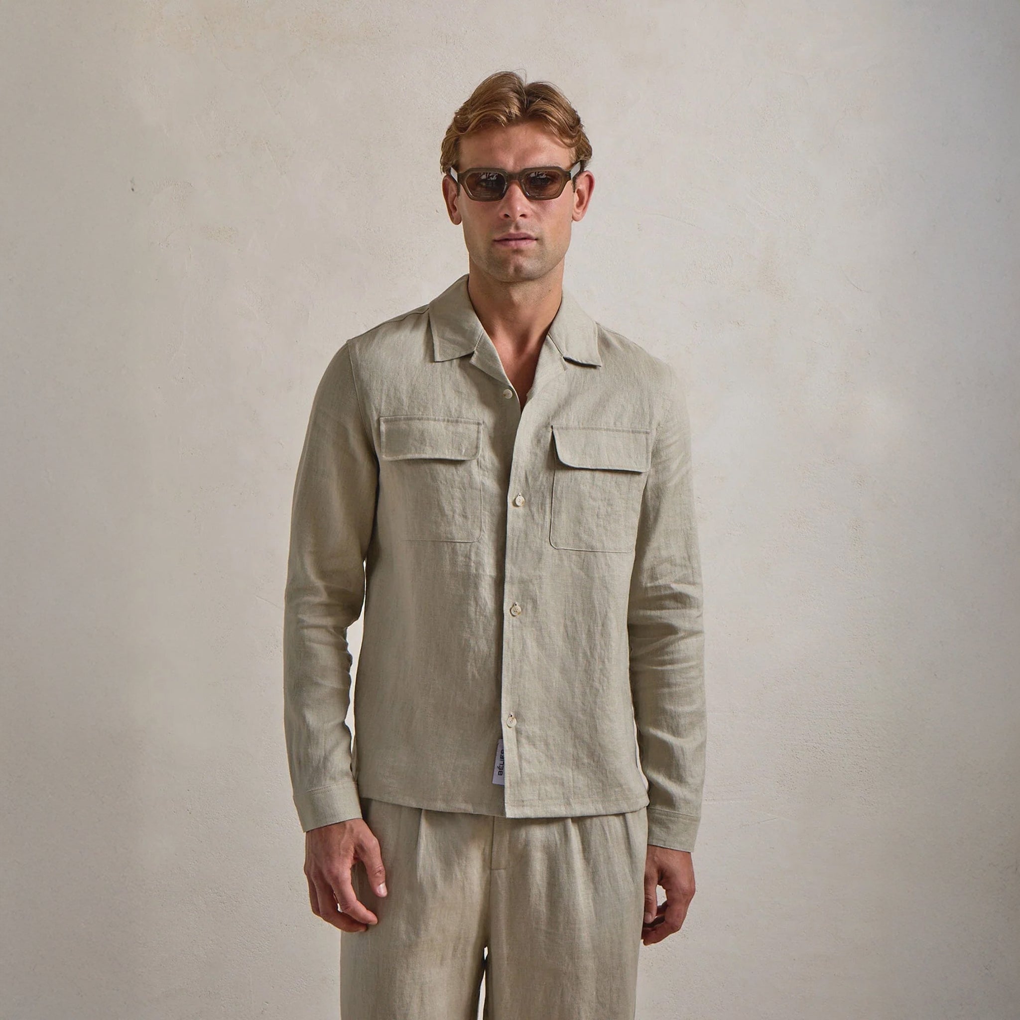 Front View of Belier Premium Oatmeal Linen Pocket Shirt