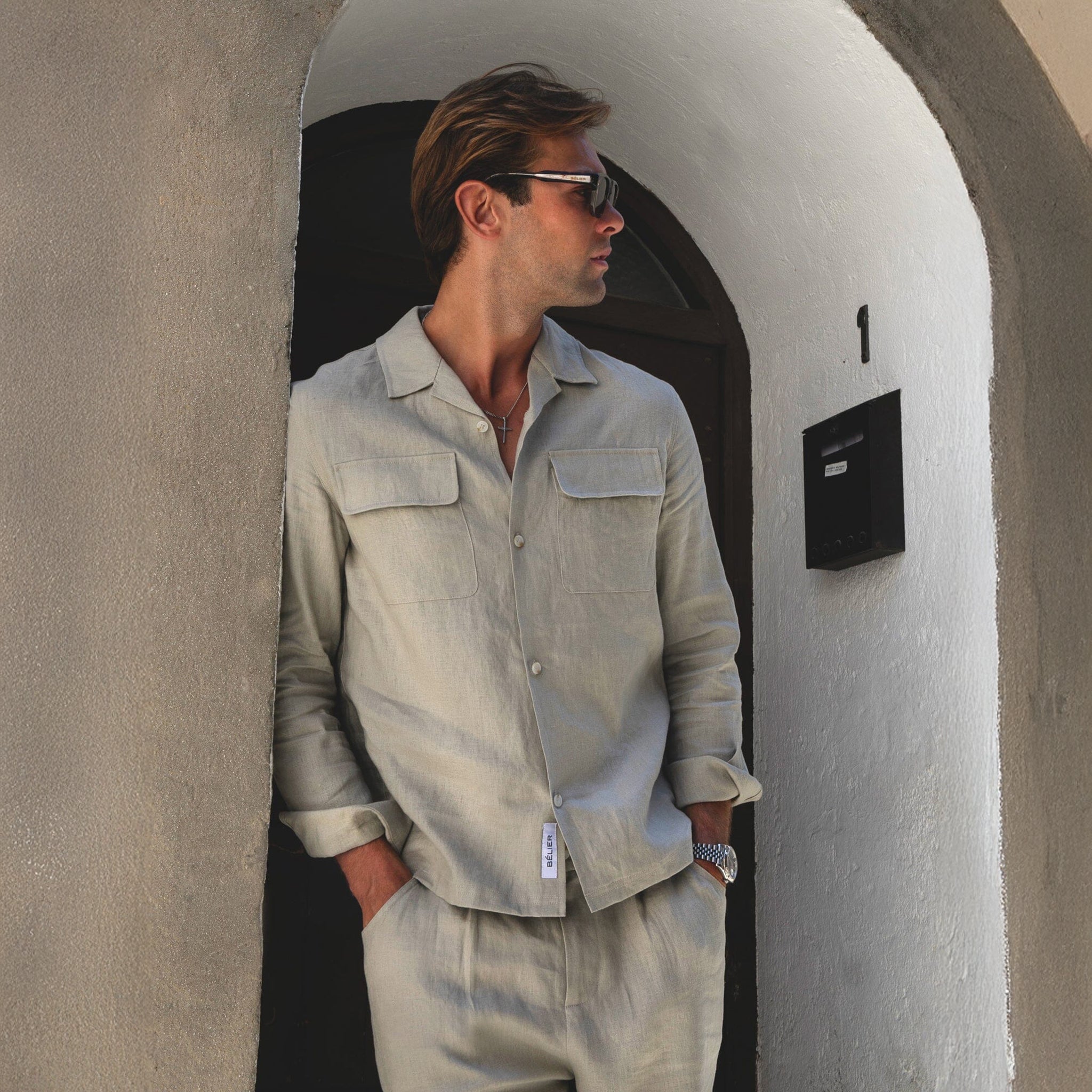 Front View of Belier Premium Oatmeal Linen Pocket Shirt