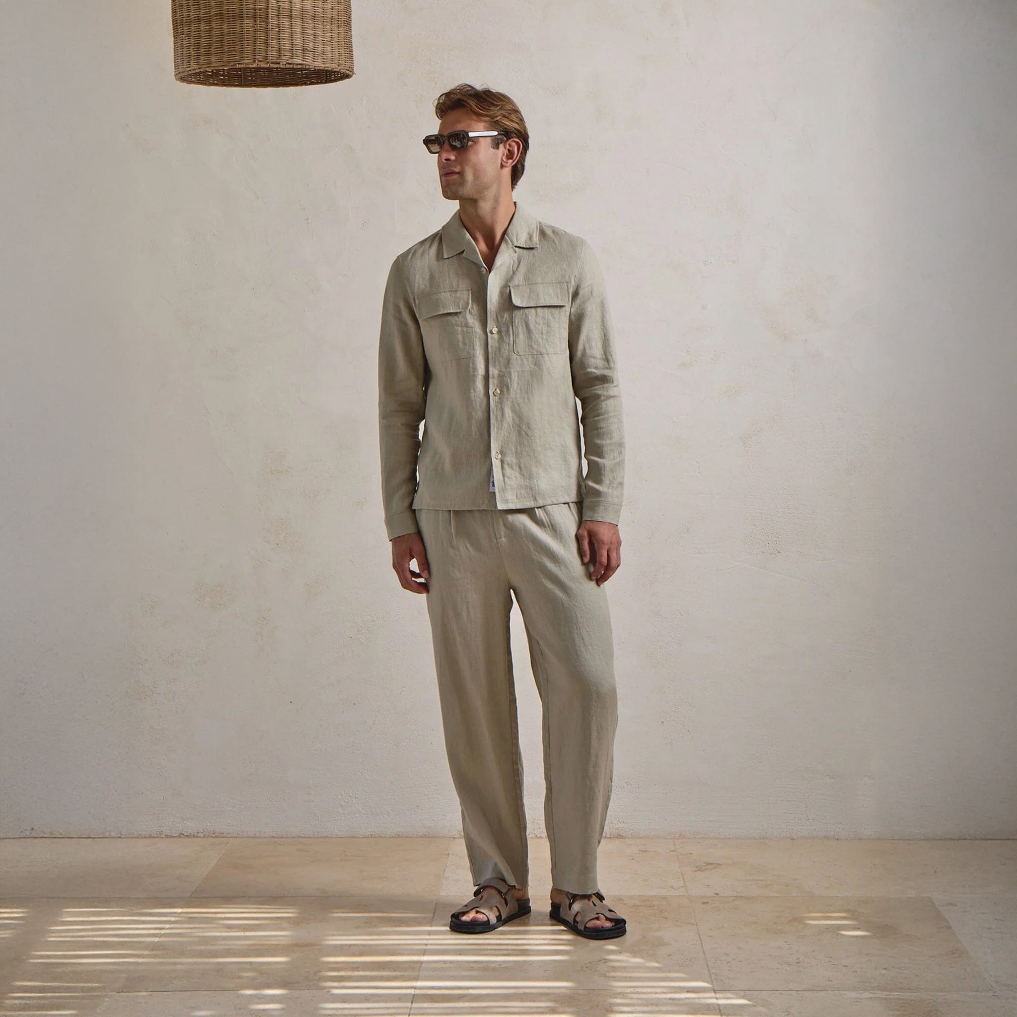Full Front View of Belier Premium Oatmeal Linen Pocket Shirt