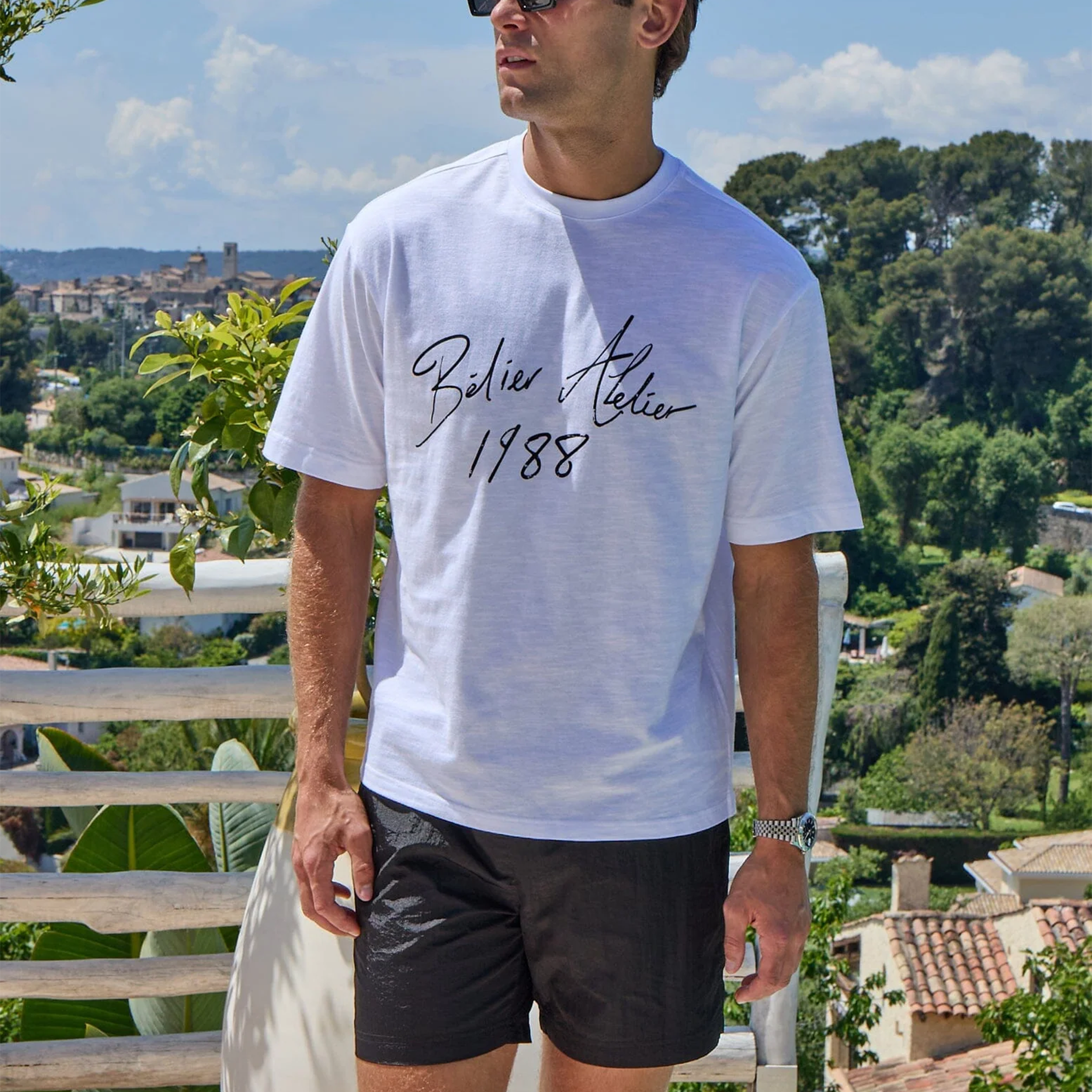 Front View of Belier Slub Texture Atelier Signature White T Shirt