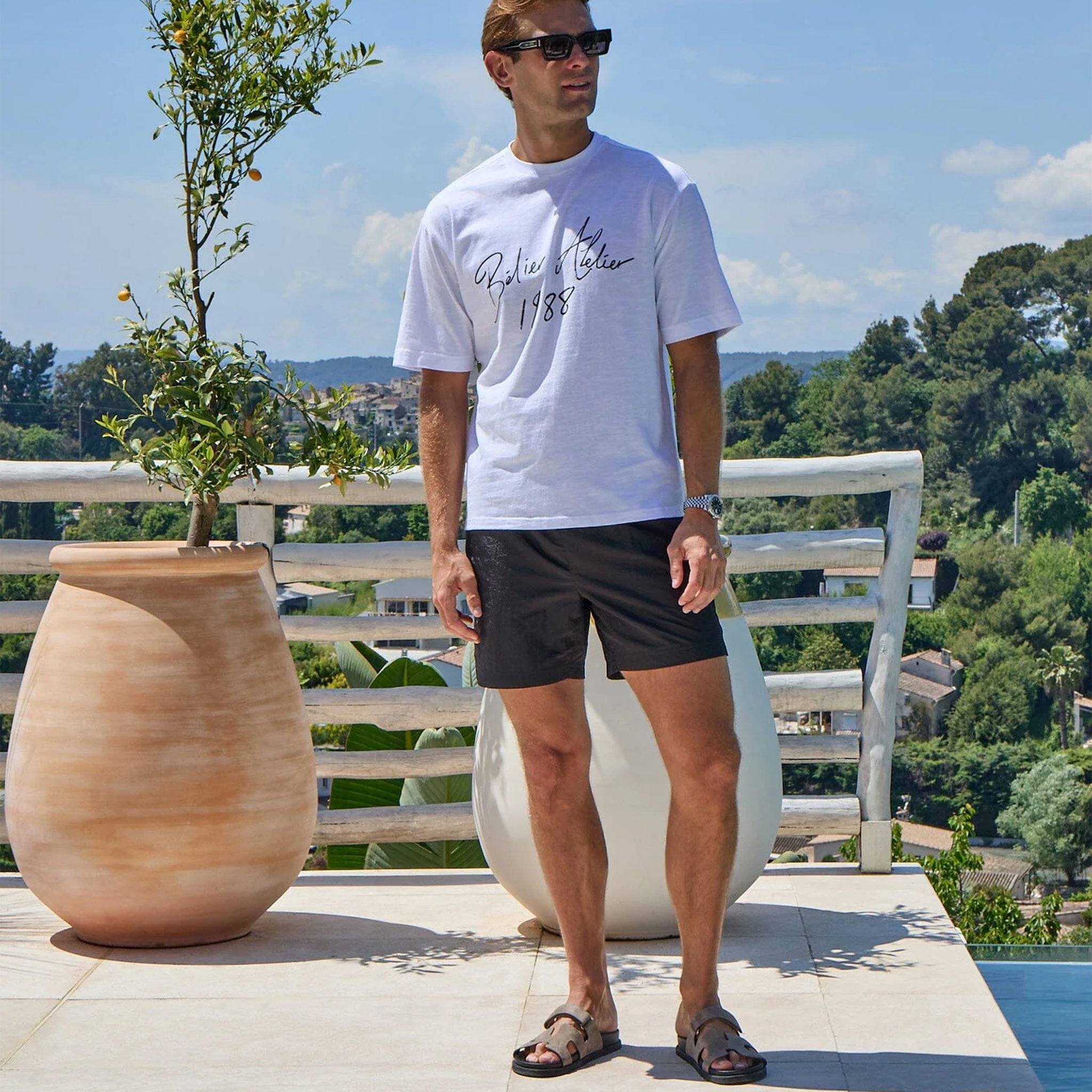 Full View of Belier Slub Texture Atelier Signature White T Shirt