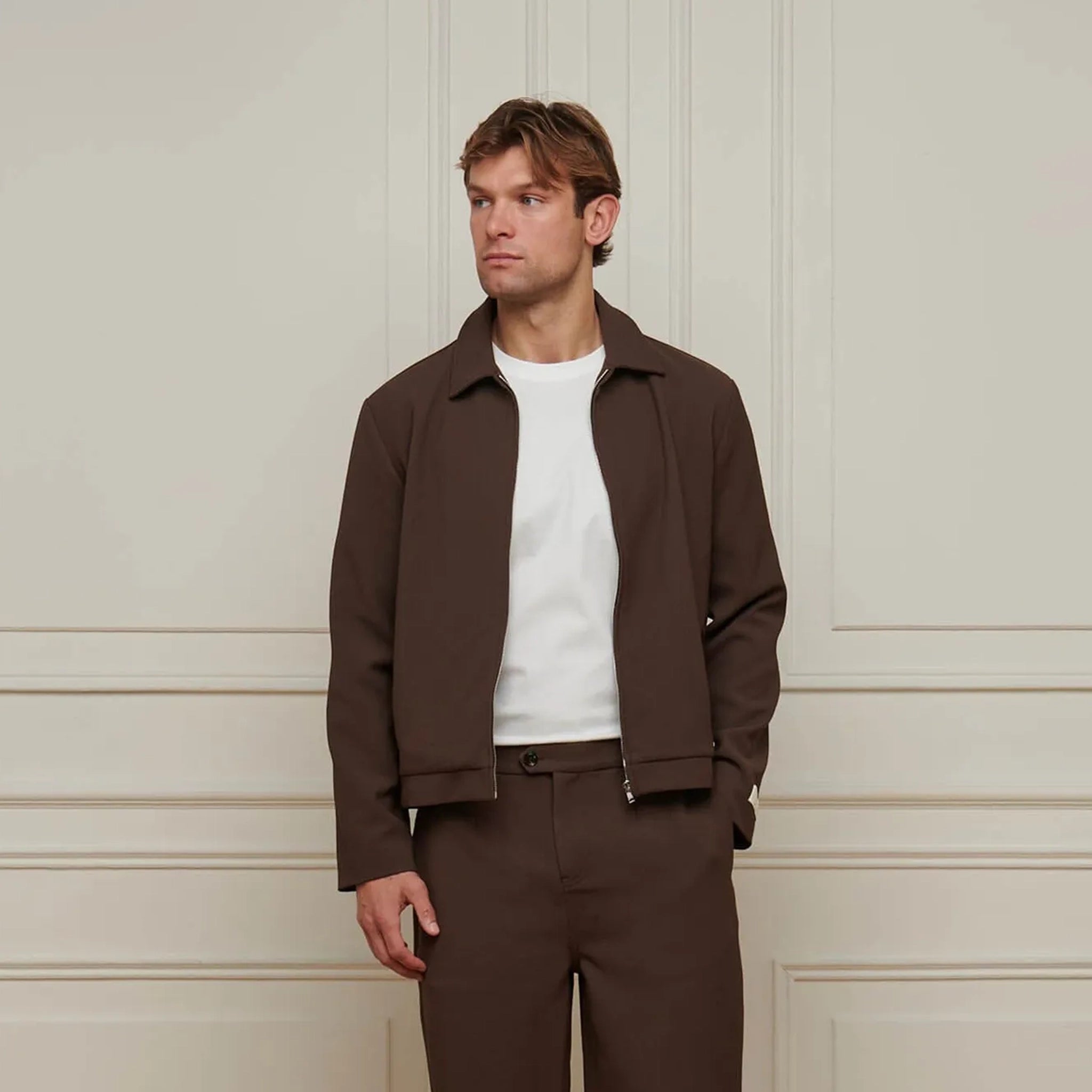 Front View of Belier Smart Textured Smart Brown Zip-Up Jacket BM827BRN