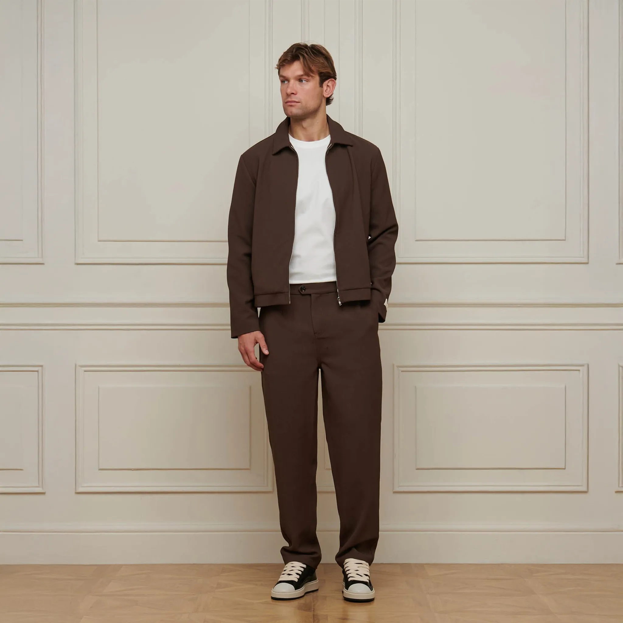 Front View of Belier Smart Textured Smart Brown Zip-Up Jacket BM827BRN