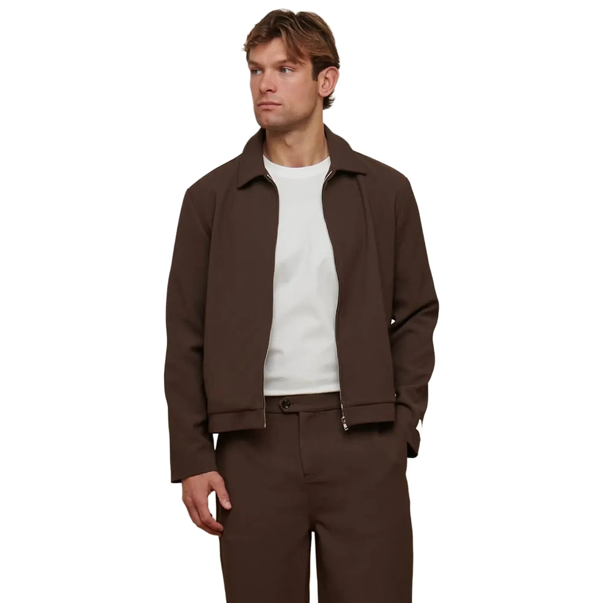 Front View of Belier Smart Textured Smart Brown Zip-Up Jacket BM827BRN