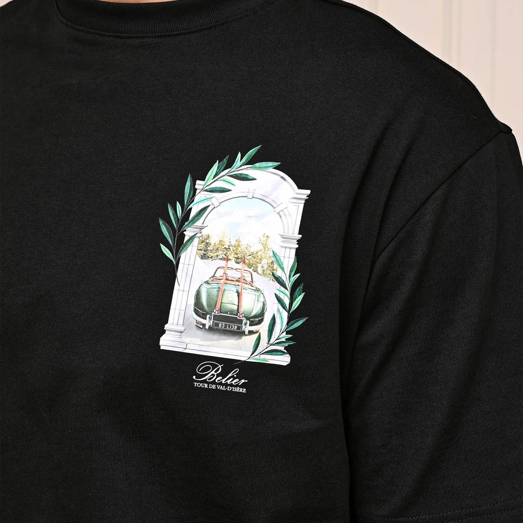 Detailed Front View of Belier Val d'Isère Arch Black T Shirt
