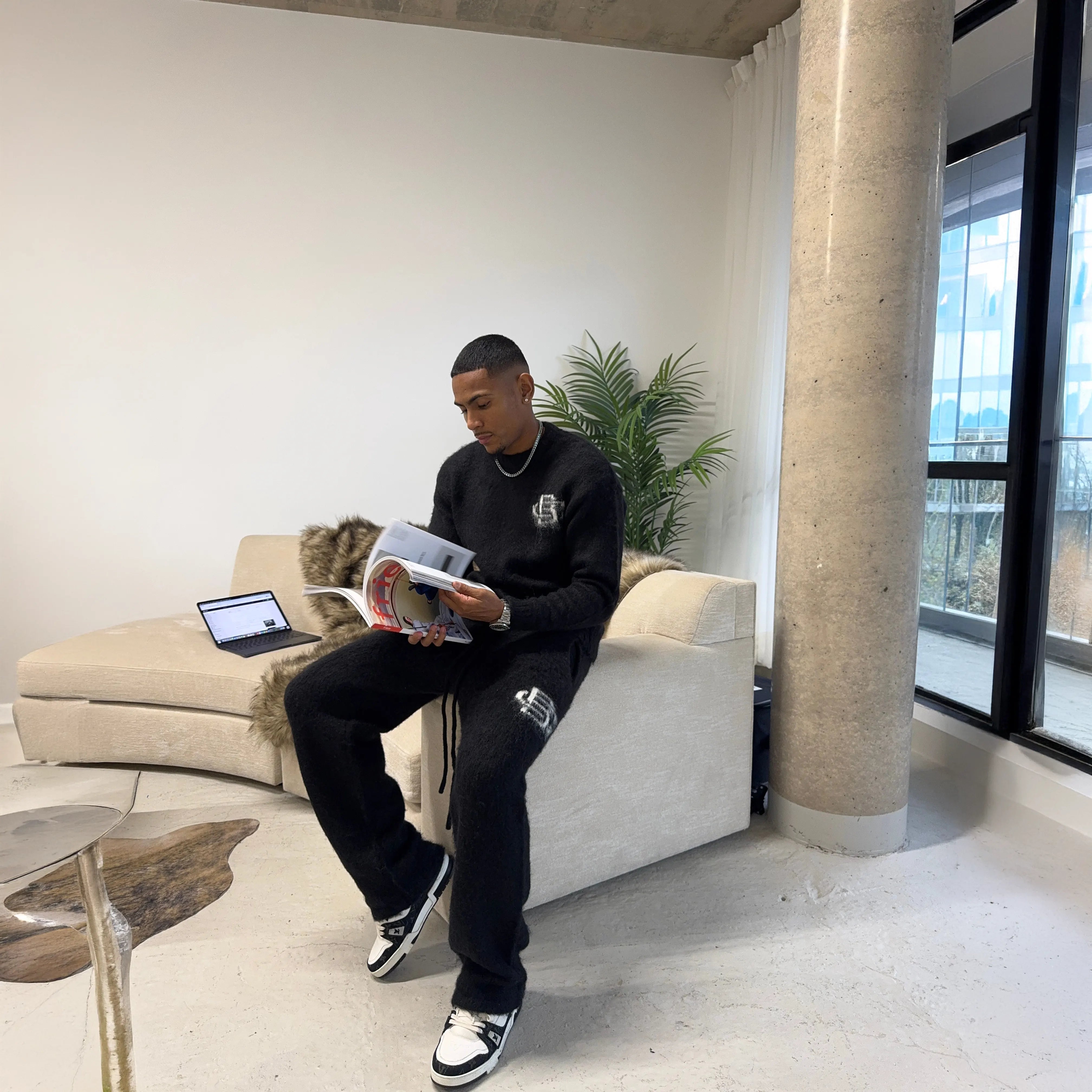 Side View of Bénir Clothing Mohair Knit BC Black Sweatpants MOJOGBLK