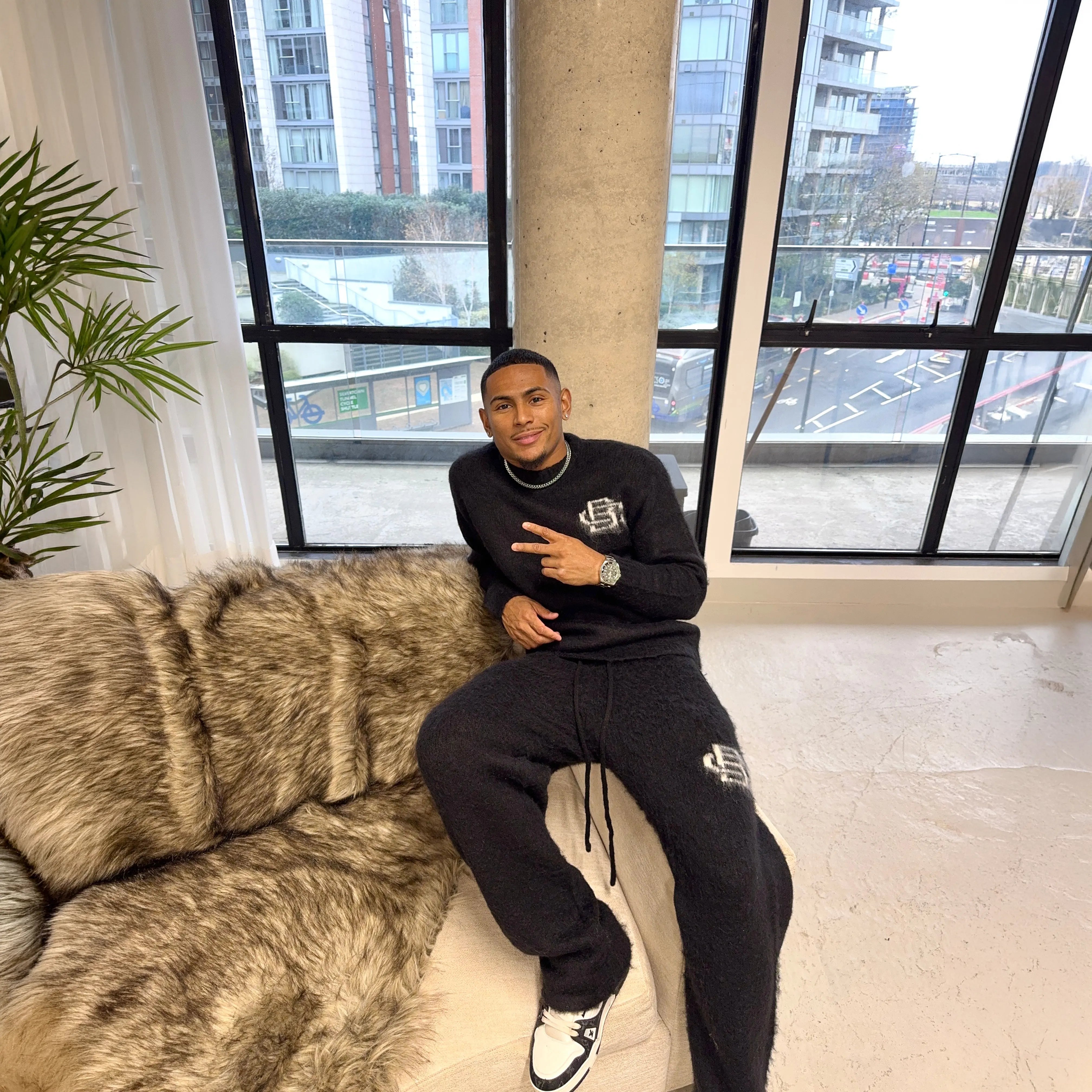 Model View of Bénir Clothing Mohair Knit BC Black Sweatpants MOJOGBLK