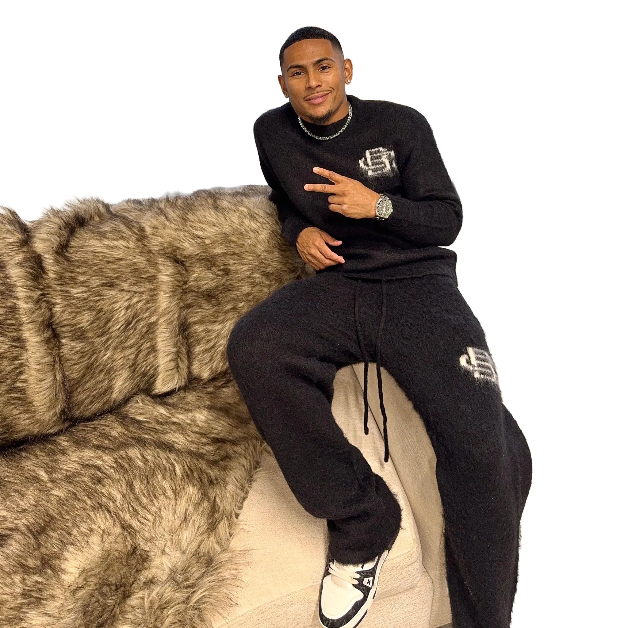 Model View of Bénir Clothing Mohair Knit BC Black Sweatshirt MOJUMPBLK