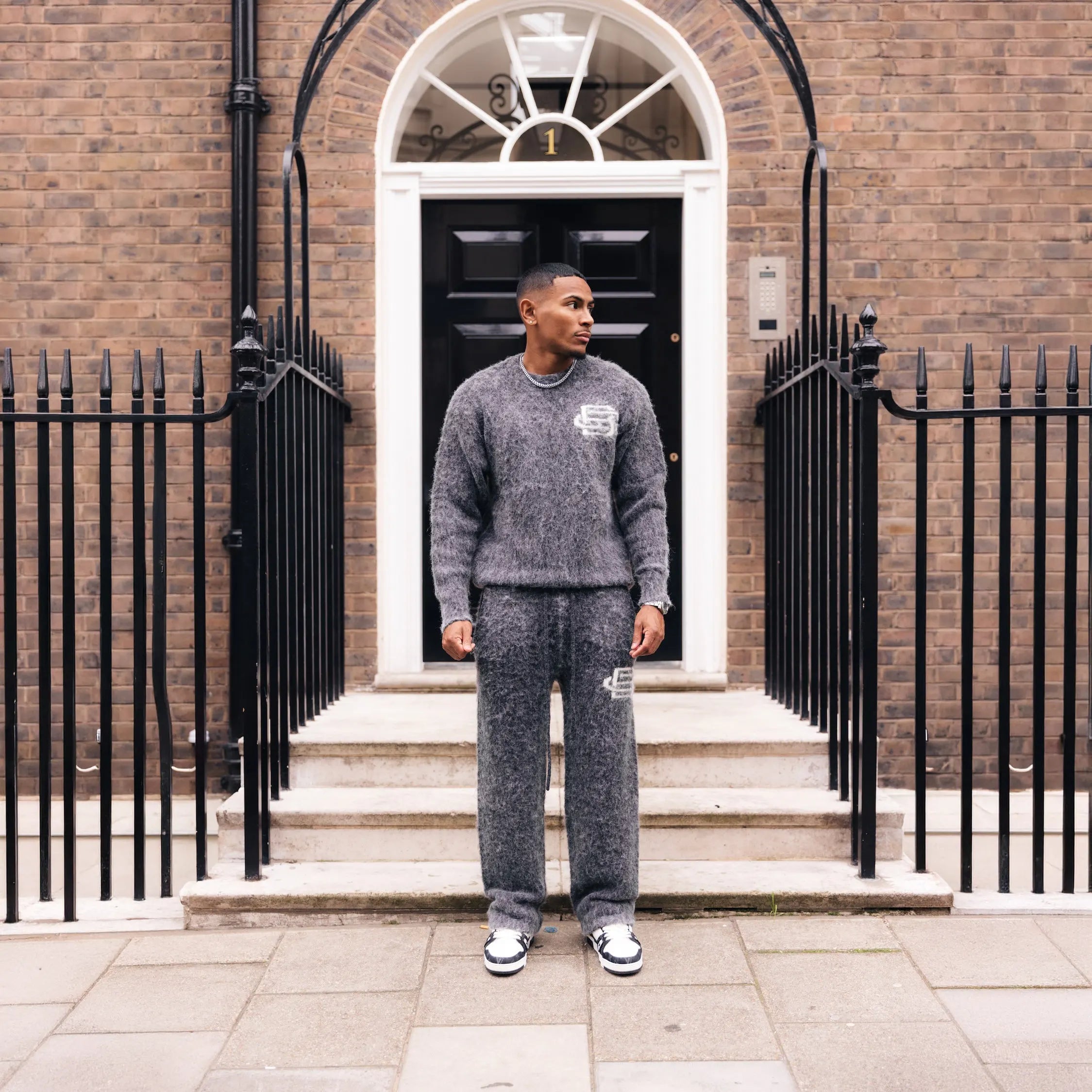 Front View of Bénir Clothing Mohair Knit BC Charcoal Sweatpants MOJOGCHAR